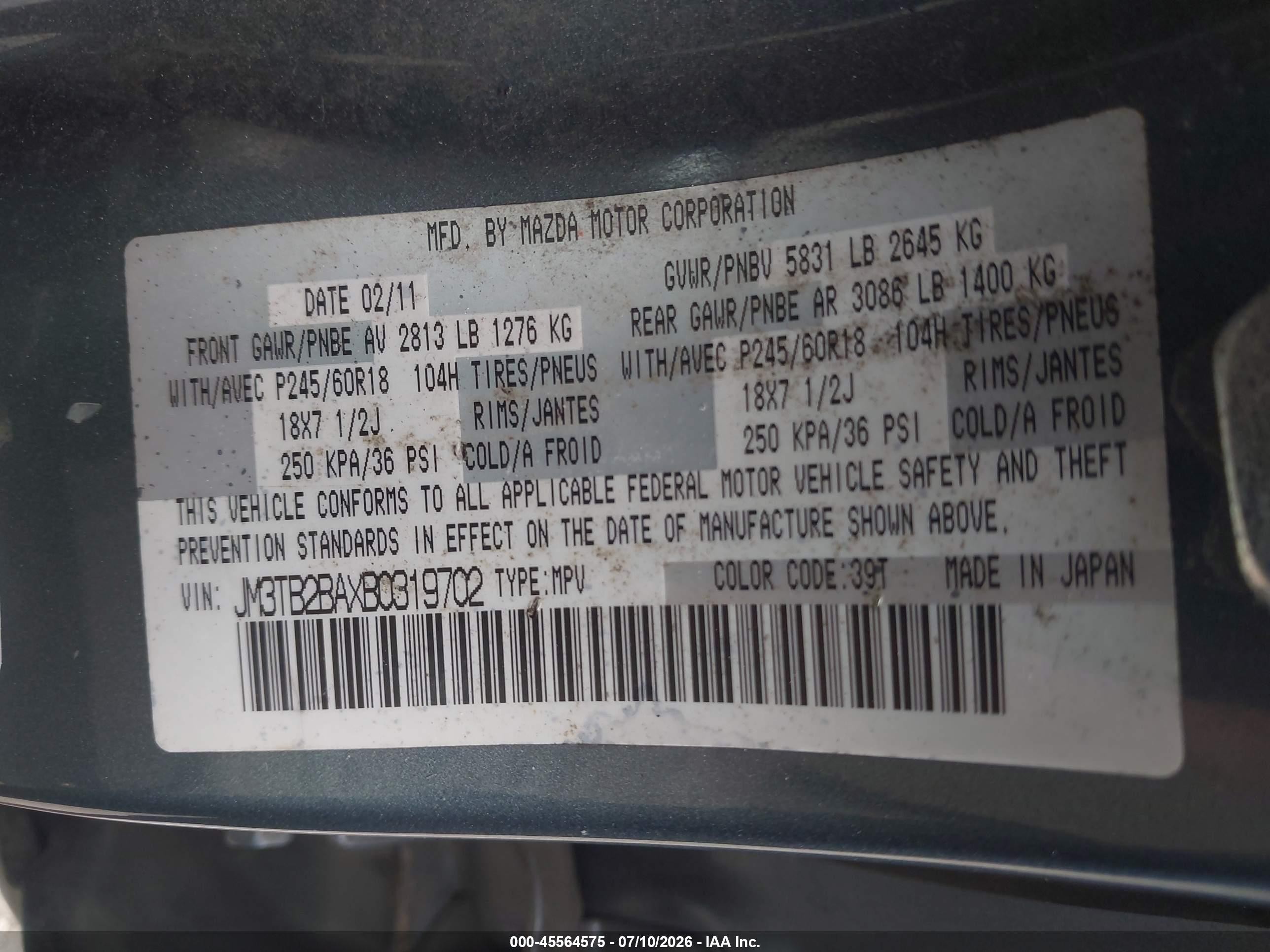 2011 Mazda Cx-9 Sport Blue vin: JM3TB2BAXB0319702