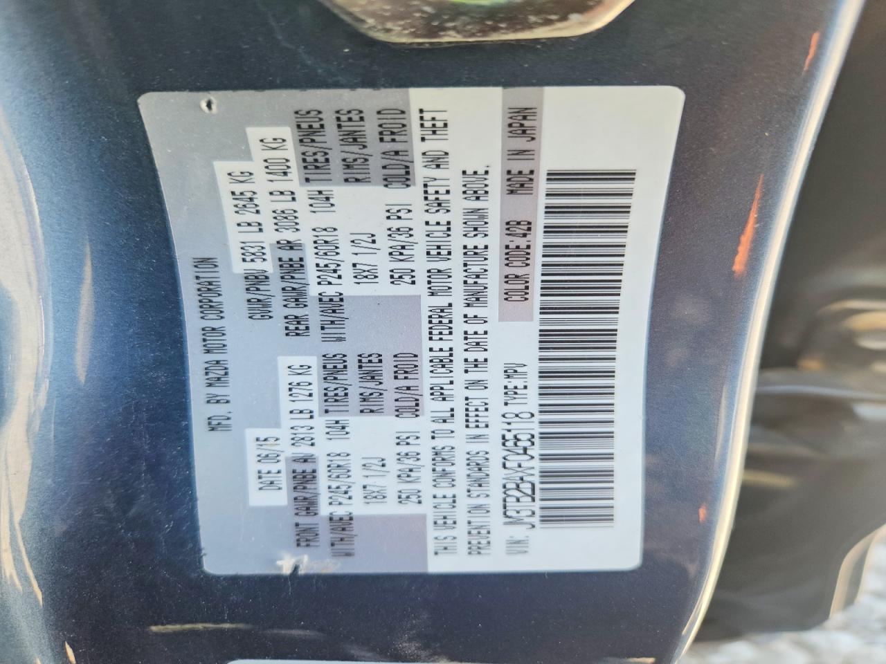 2015 Mazda Cx-9 Sport Blue vin: JM3TB2BAXF0465118