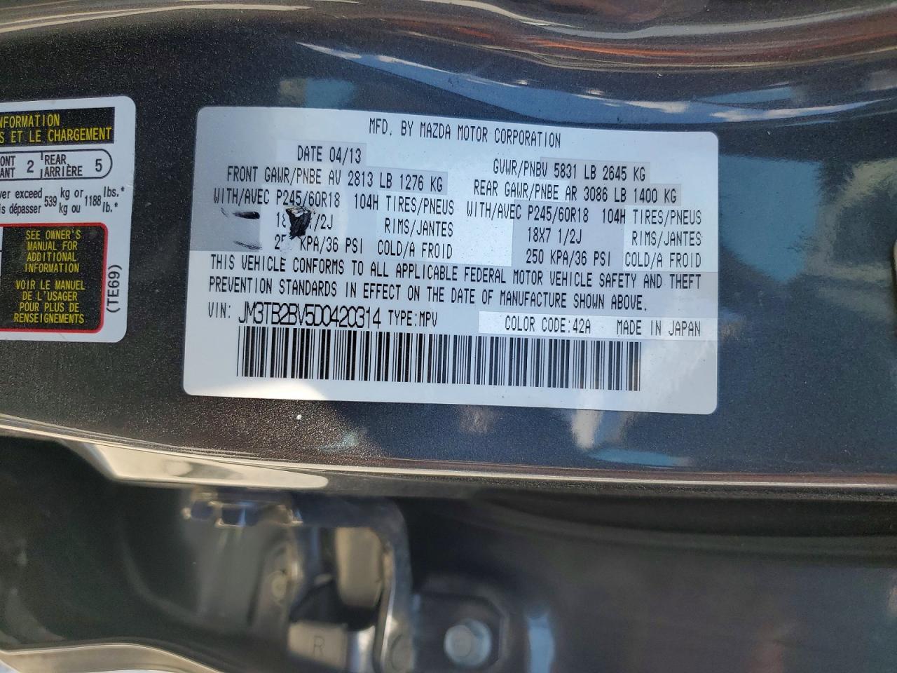 2013 Mazda Cx-9 Sport Gray vin: JM3TB2BV5D0420314