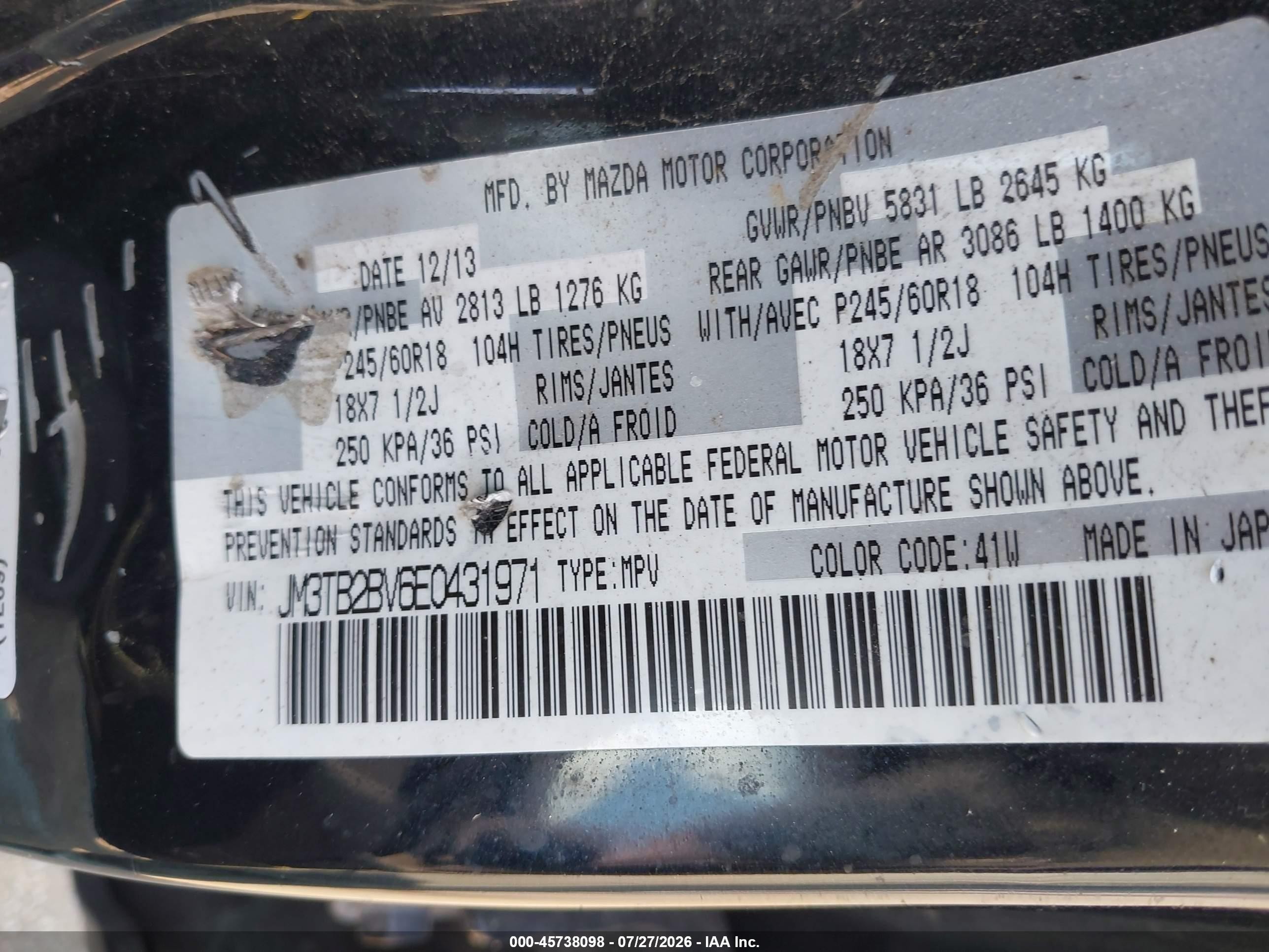 2014 Mazda Cx-9 Sport Black vin: JM3TB2BV6E0431971