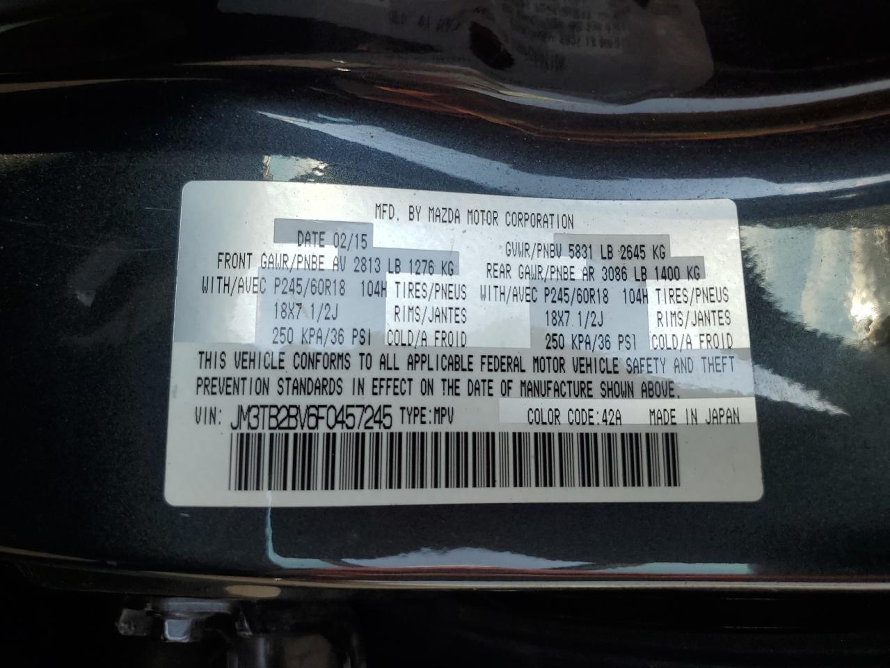 2015 Mazda Cx-9 Sport Gray vin: JM3TB2BV6F0457245