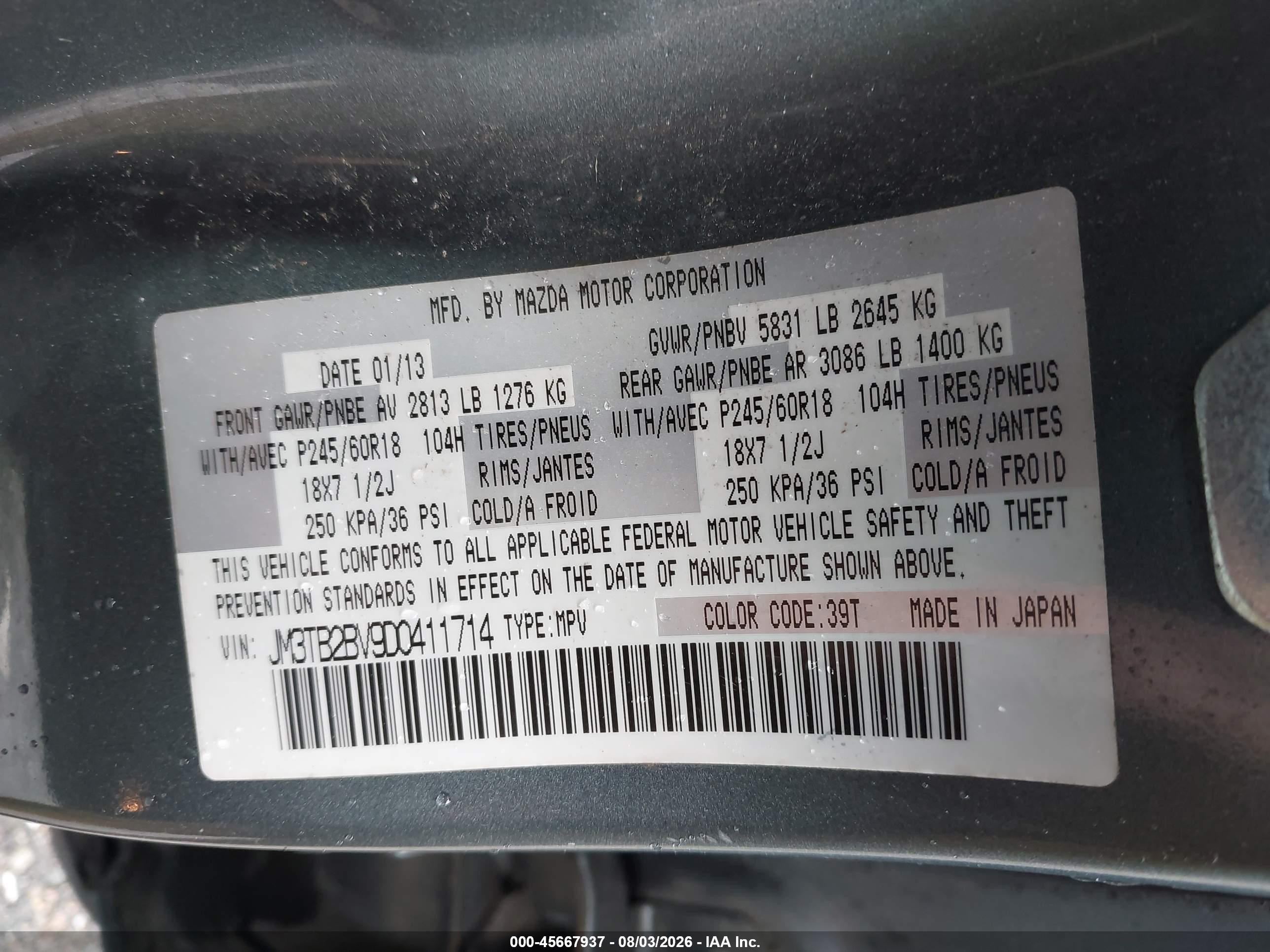 2013 Mazda Cx-9 Sport Light Blue vin: JM3TB2BV9D0411714