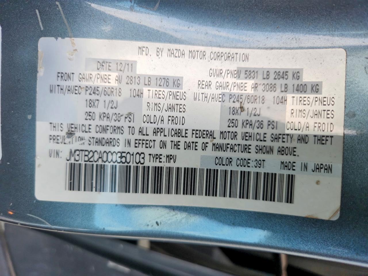 2012 Mazda Cx-9 Gray vin: JM3TB2CA0C0350103