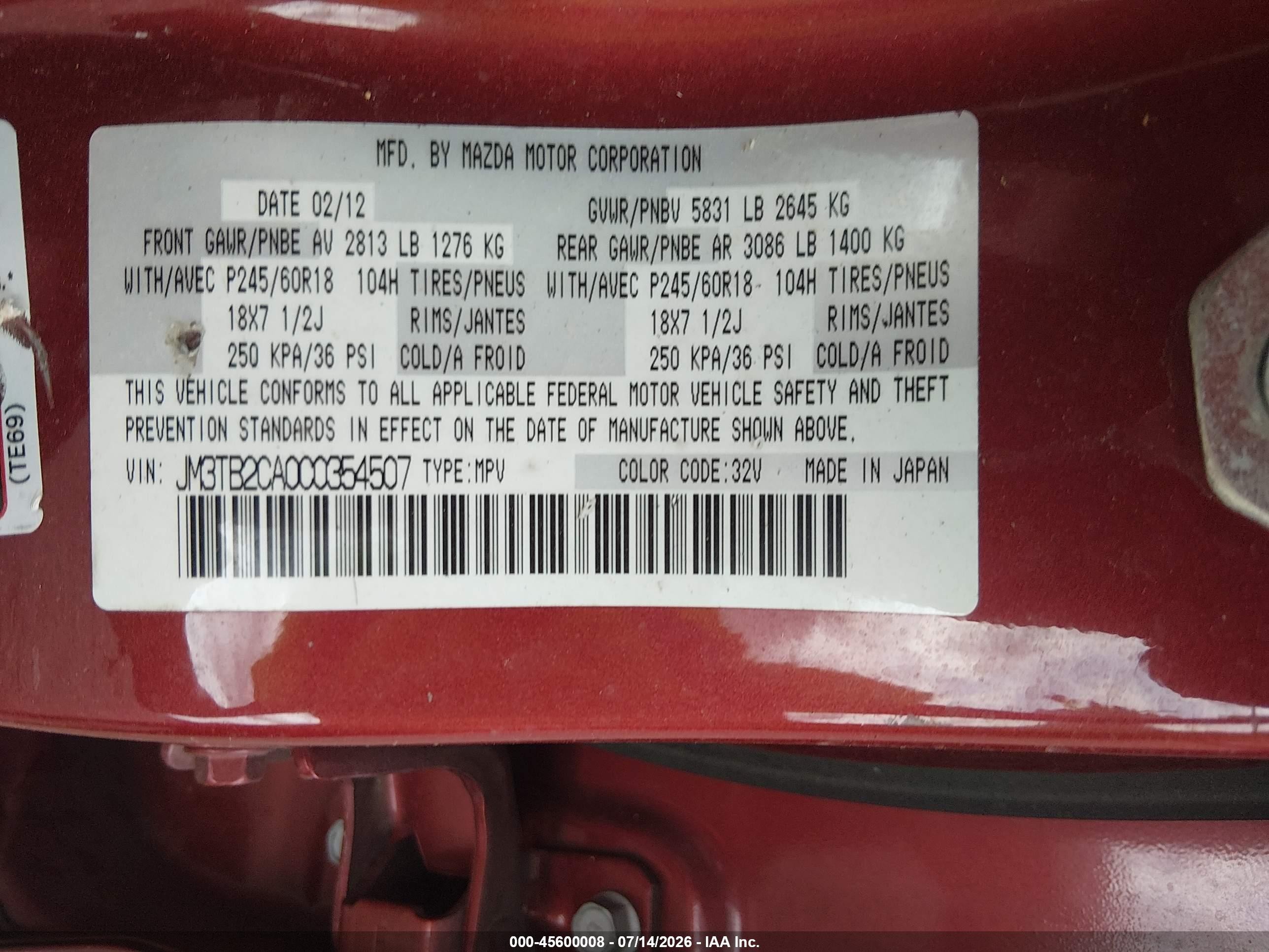 2012 Mazda Cx-9 Touring Red vin: JM3TB2CA0C0354507