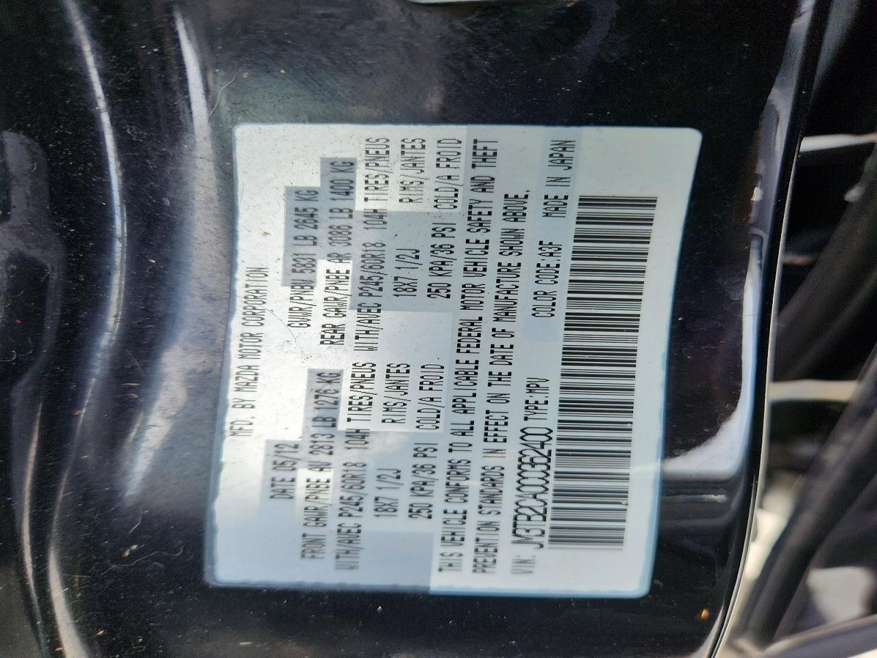 2012 Mazda Cx-9 Black vin: JM3TB2CA0C0362400