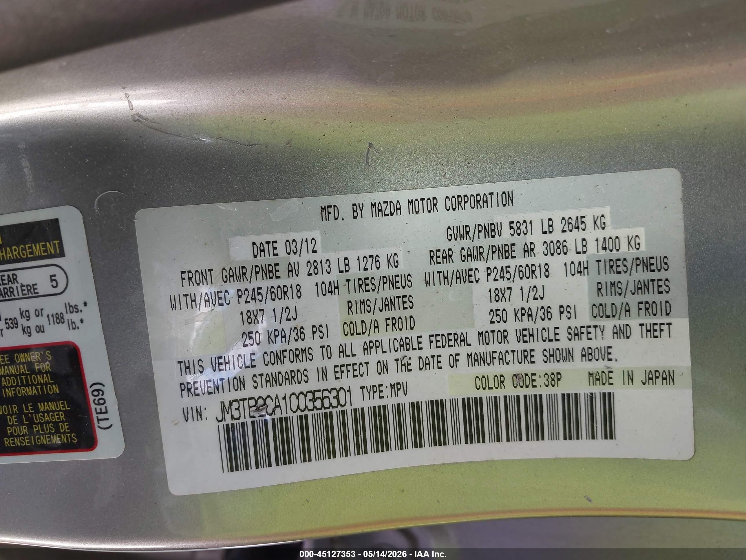 2012 Mazda Cx-9 Touring Silver vin: JM3TB2CA1C0356301