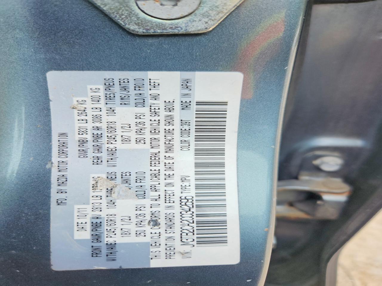 2012 Mazda Cx-9 Teal vin: JM3TB2CA2C0342696