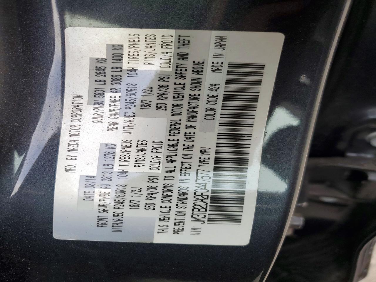 2015 Mazda Cx-9 Touring Blue vin: JM3TB2CA2F0447677