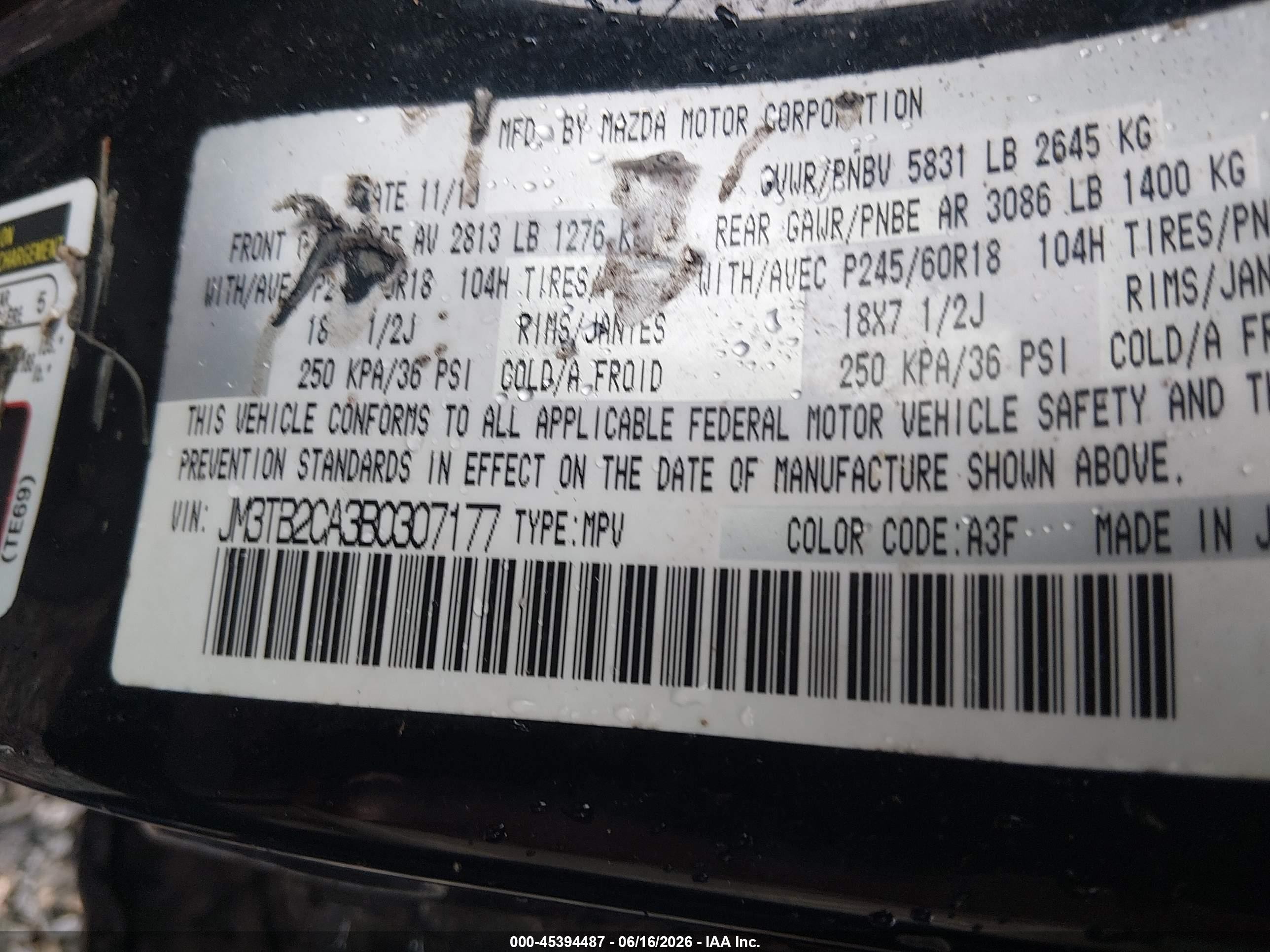 2011 Mazda Cx-9 Touring Черный vin: JM3TB2CA3B0307177