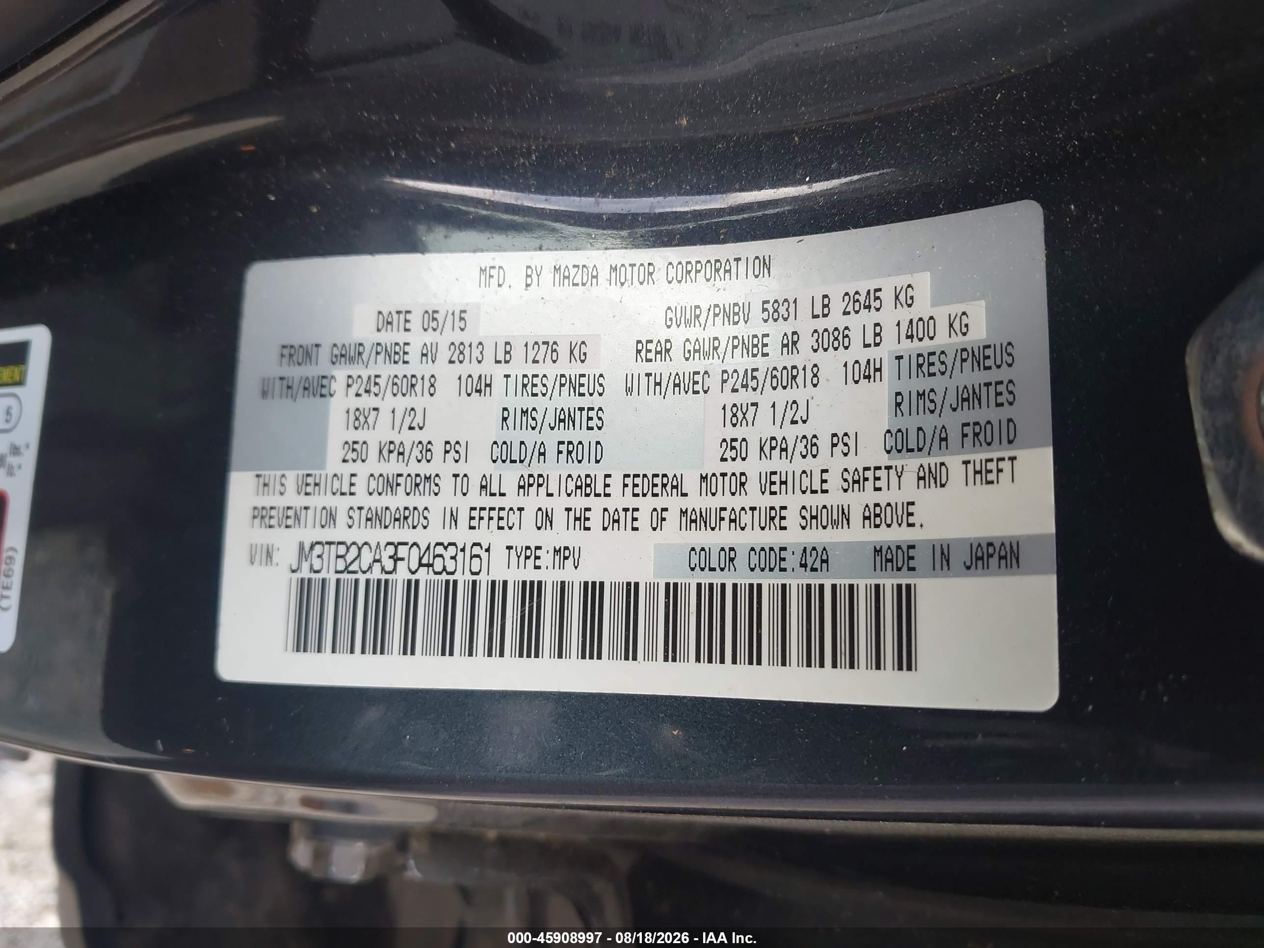 2015 Mazda Cx-9 Touring Gray vin: JM3TB2CA3F0463161
