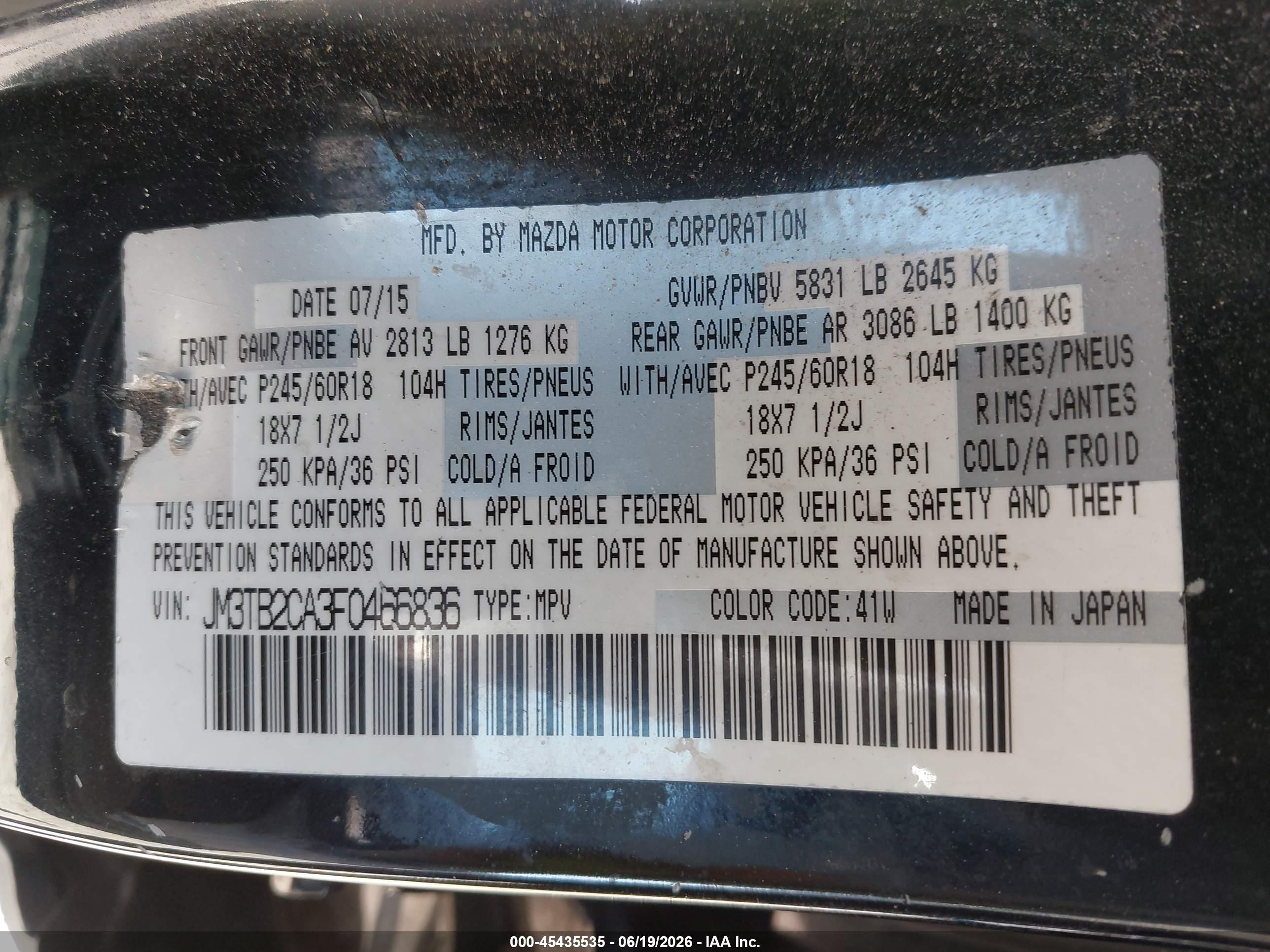 2015 Mazda Cx-9 Touring Черный vin: JM3TB2CA3F0466836