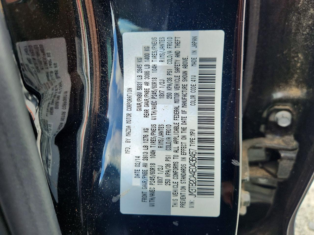 2014 Mazda Cx-9 Touring Black vin: JM3TB2CA4E0436467