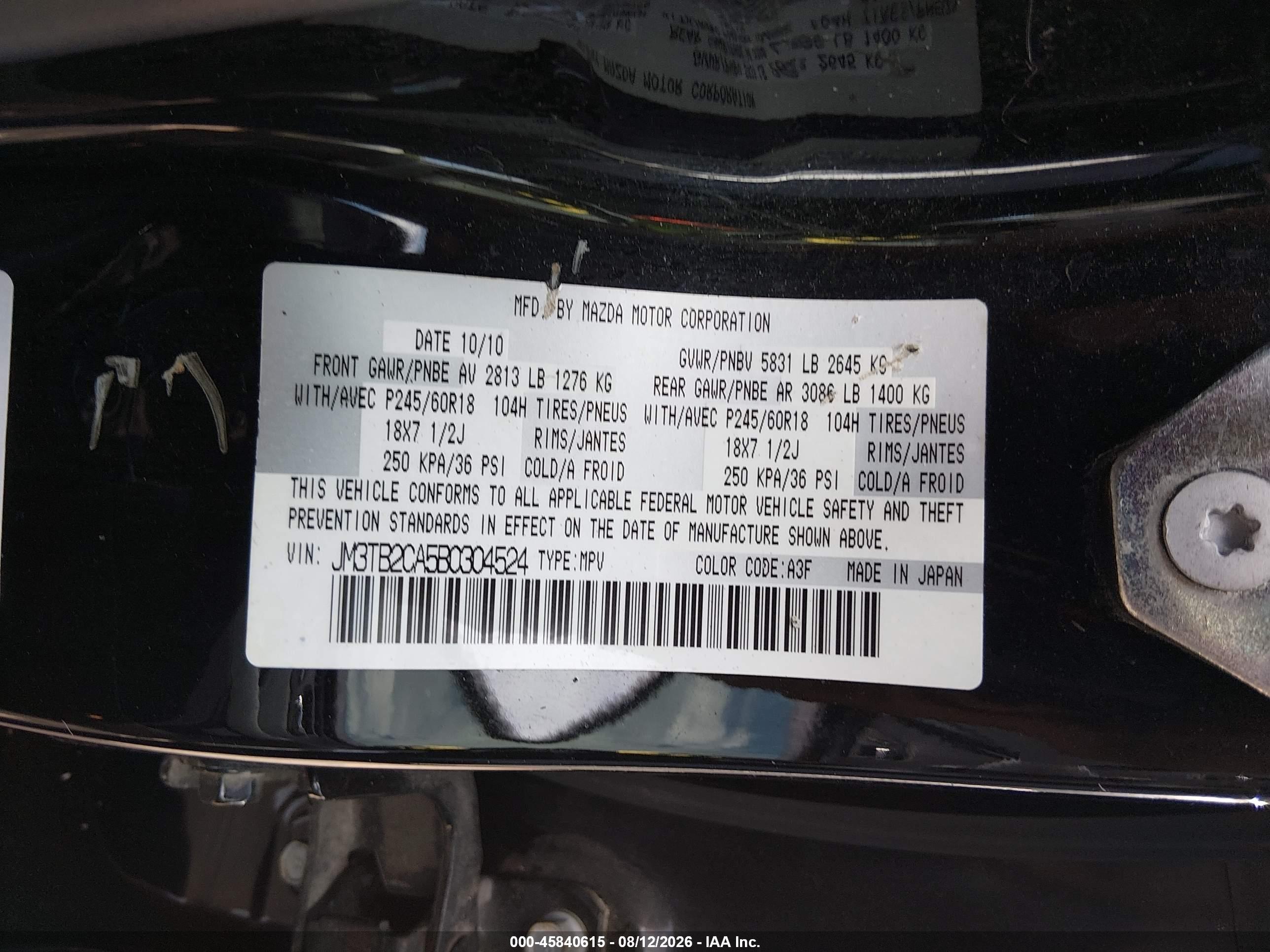 2011 Mazda Cx-9 Touring Black vin: JM3TB2CA5B0304524