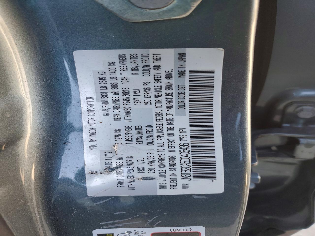 2013 Mazda Cx-9 Touring Turquoise vin: JM3TB2CA5D0405436