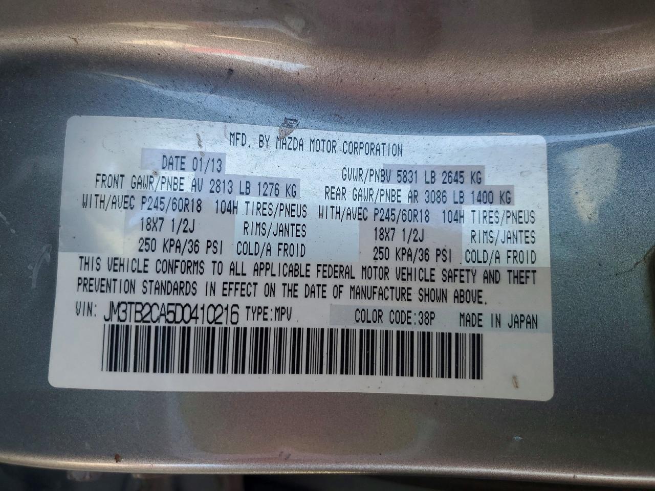 2013 Mazda Cx-9 Touring Silver vin: JM3TB2CA5D0410216