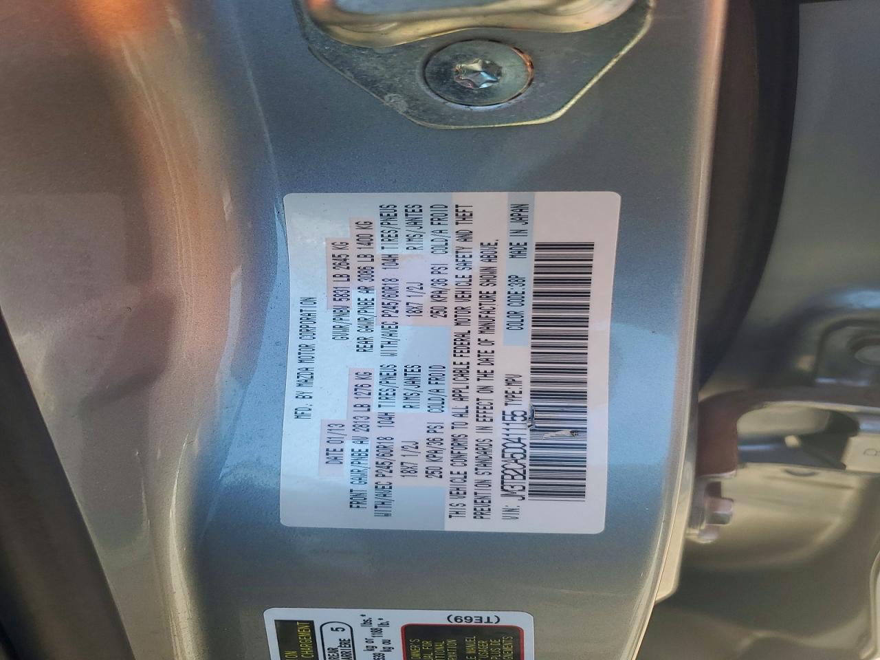 2013 Mazda Cx-9 Touring Silver vin: JM3TB2CA5D0411155