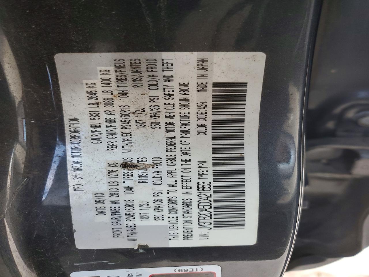2013 Mazda Cx-9 Touring Gray vin: JM3TB2CA5D0421653