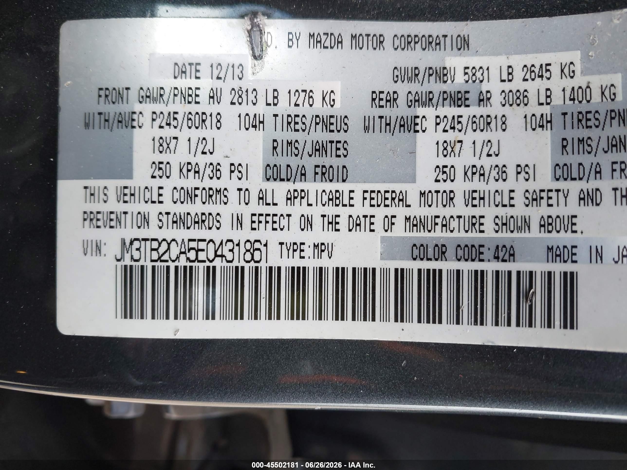 2014 Mazda Cx-9 Touring Gray vin: JM3TB2CA5E0431861