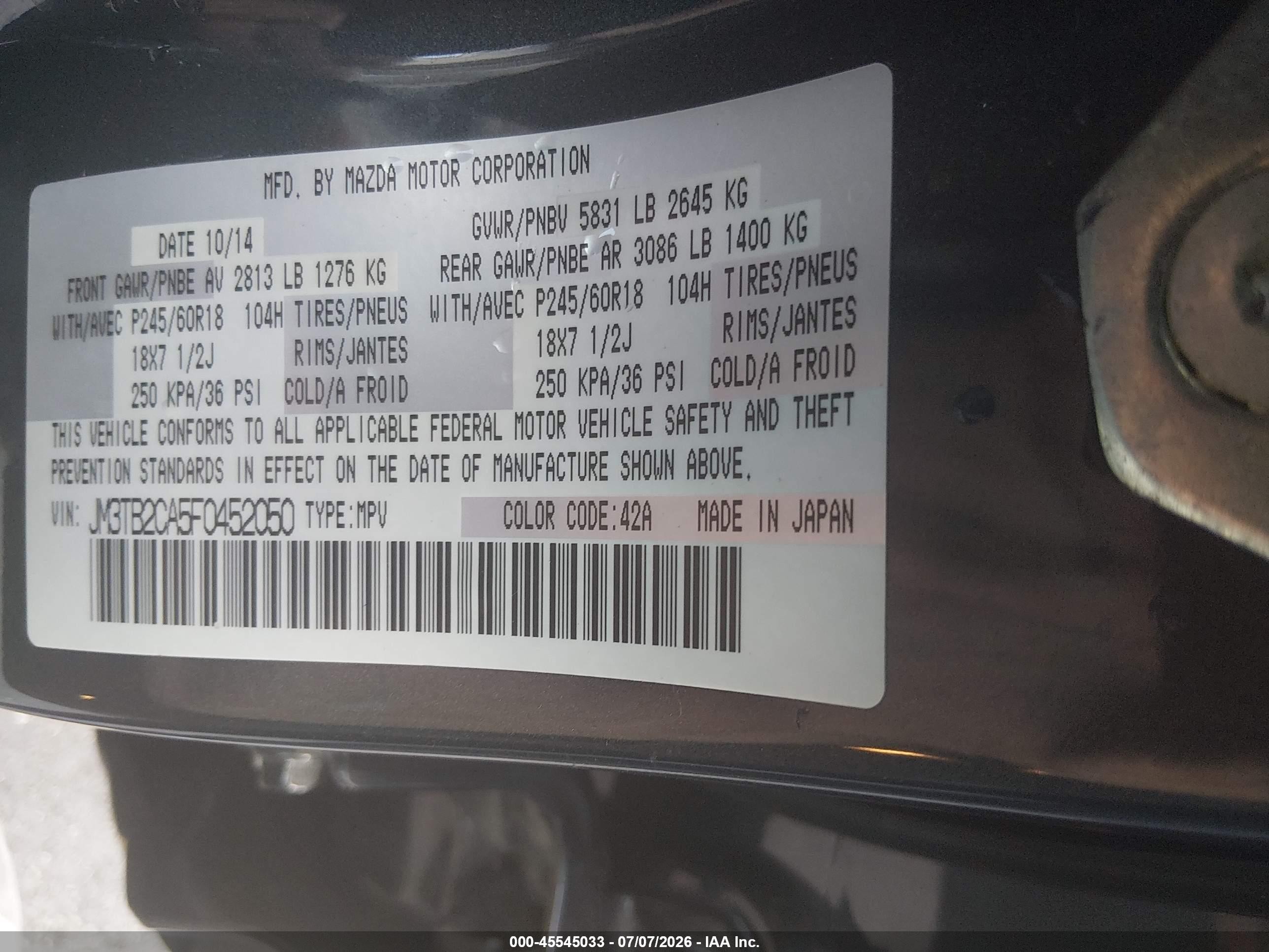 2015 Mazda Cx-9 Touring Black vin: JM3TB2CA5F0452050