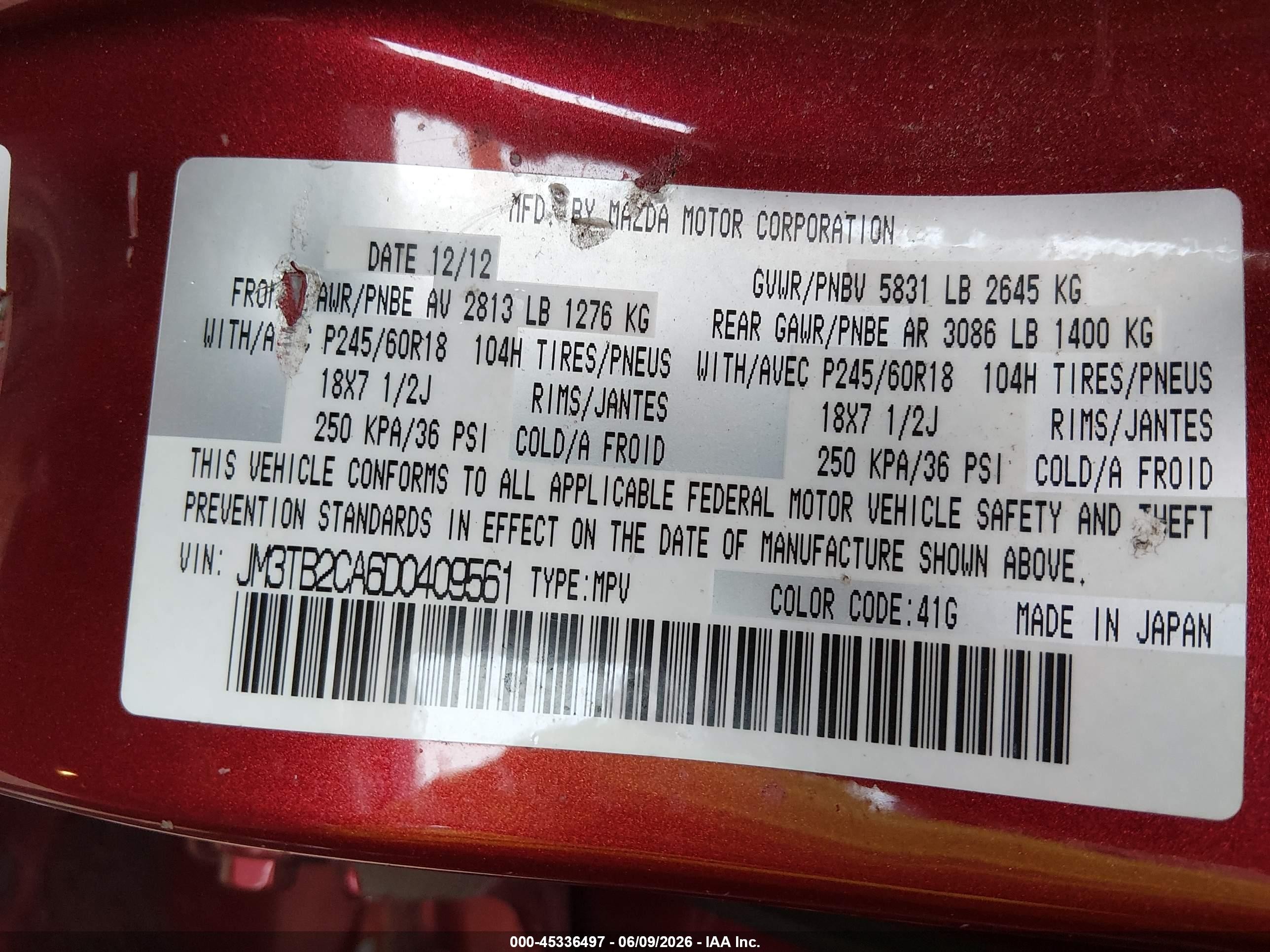 2013 Mazda Cx-9 Touring Burgundy vin: JM3TB2CA6D0409561