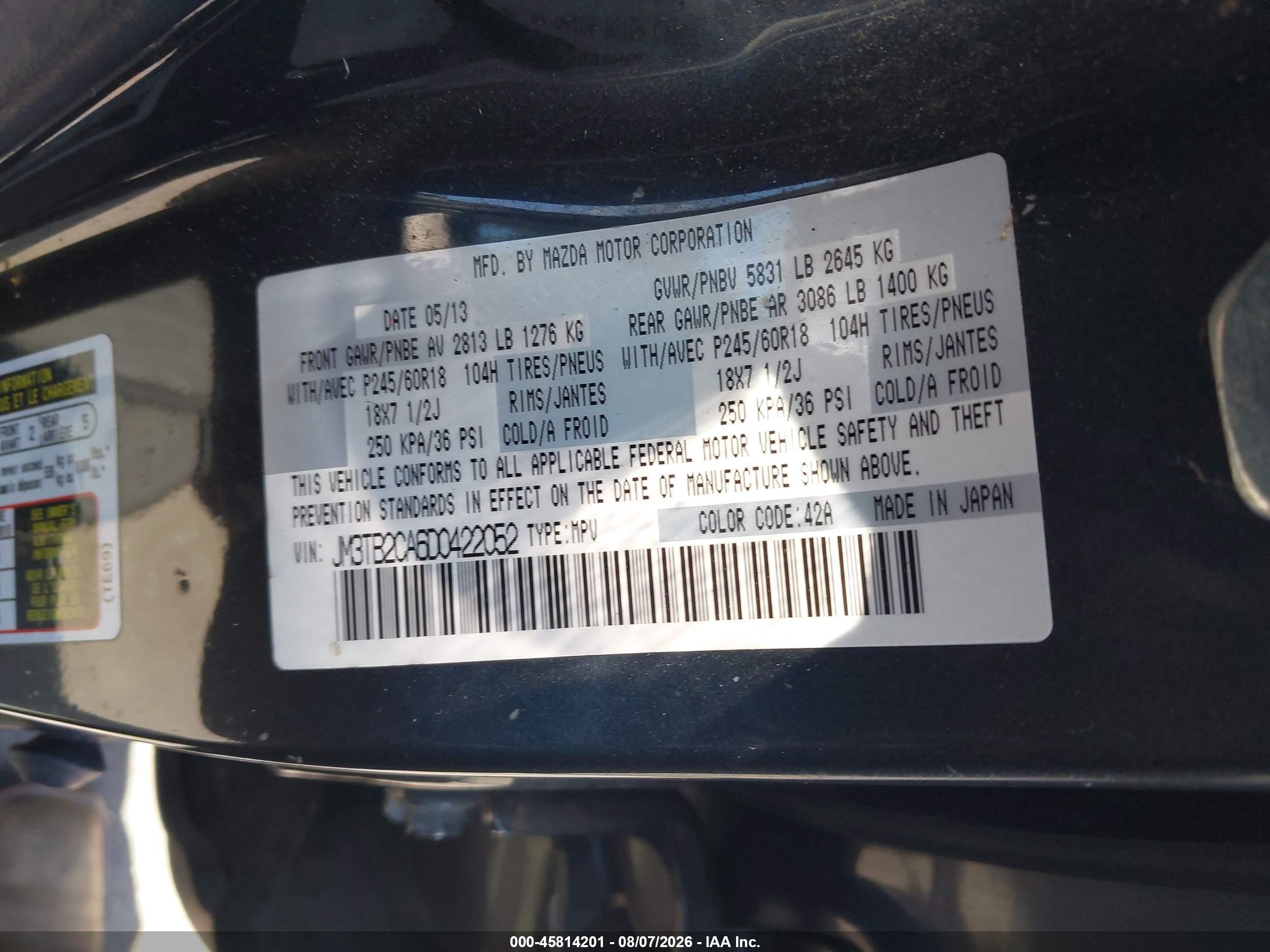 2013 Mazda Cx-9 Touring Черный vin: JM3TB2CA6D0422052