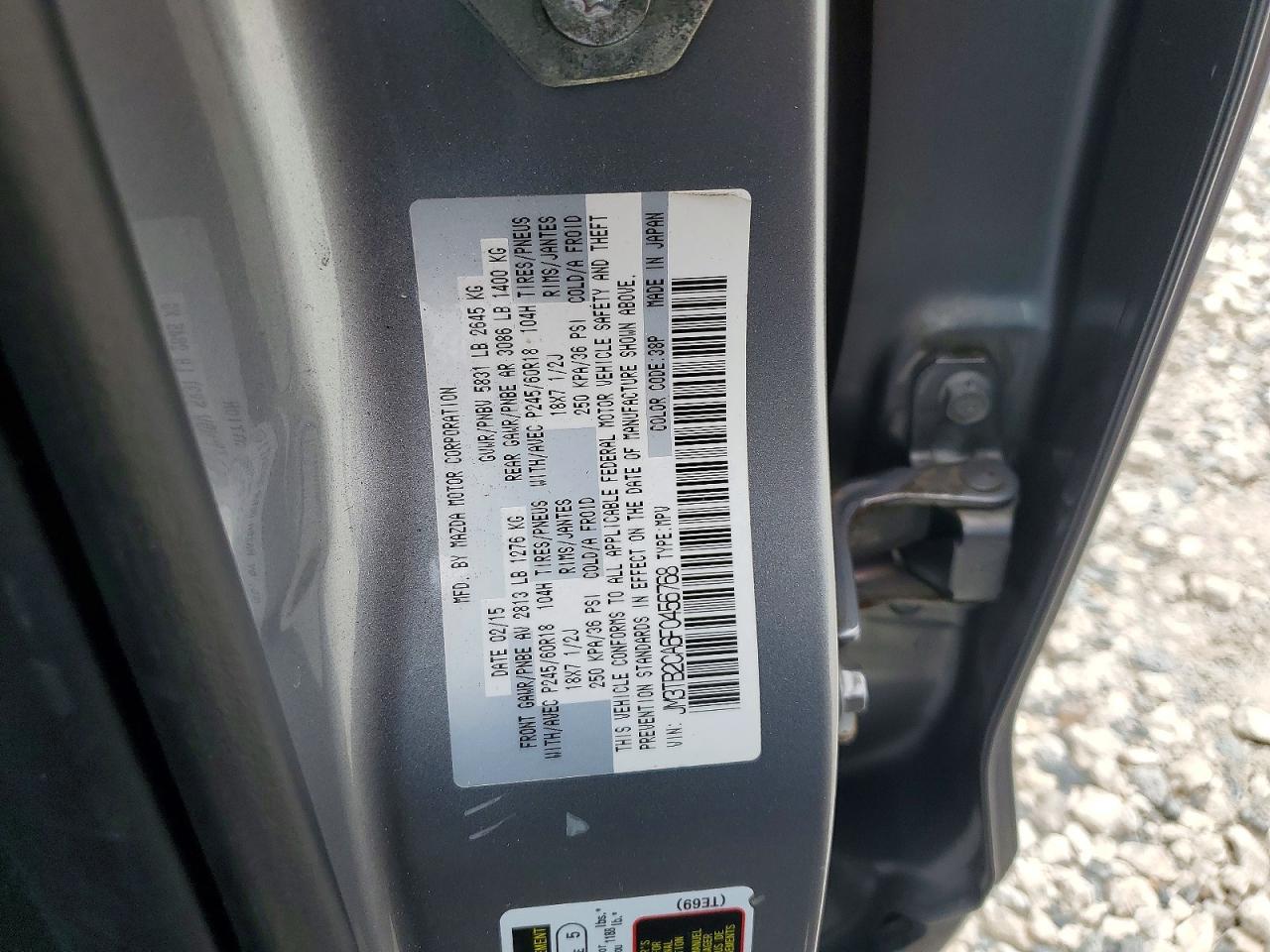 2015 Mazda Cx-9 Touring Silver vin: JM3TB2CA6F0456768