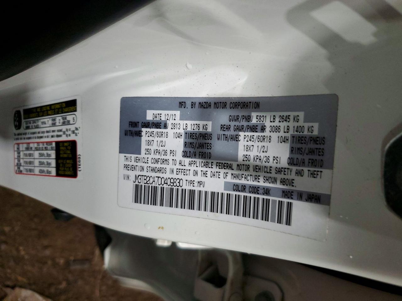 2013 Mazda Cx-9 Touring White vin: JM3TB2CA7D0409830