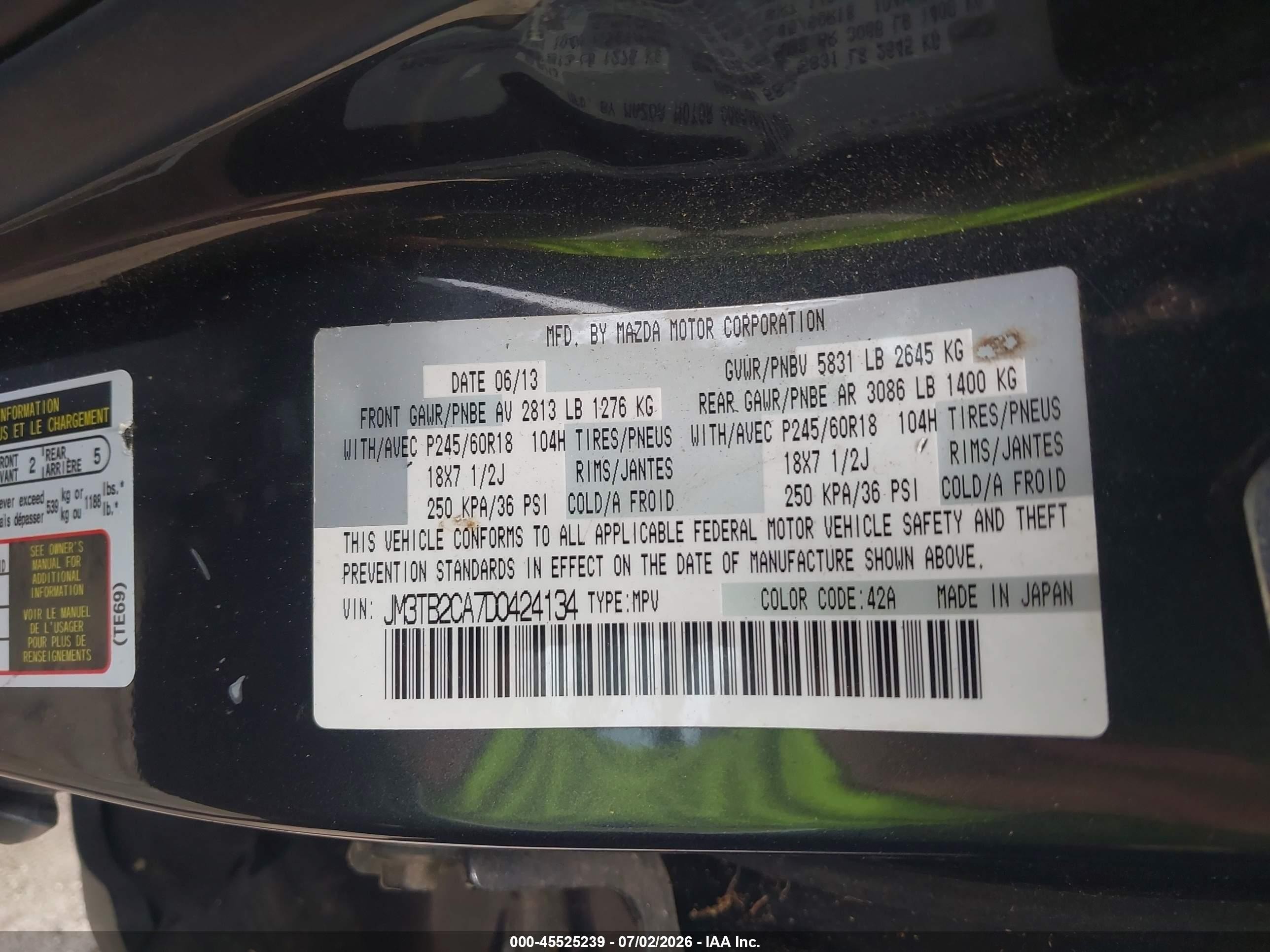2013 Mazda Cx-9 Touring Gray vin: JM3TB2CA7D0424134