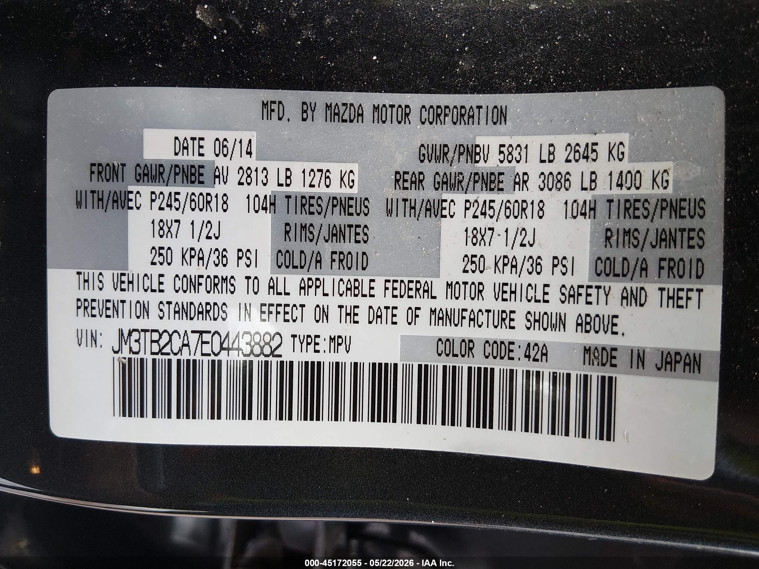 2014 Mazda Cx-9 Touring Black vin: JM3TB2CA7E0443882