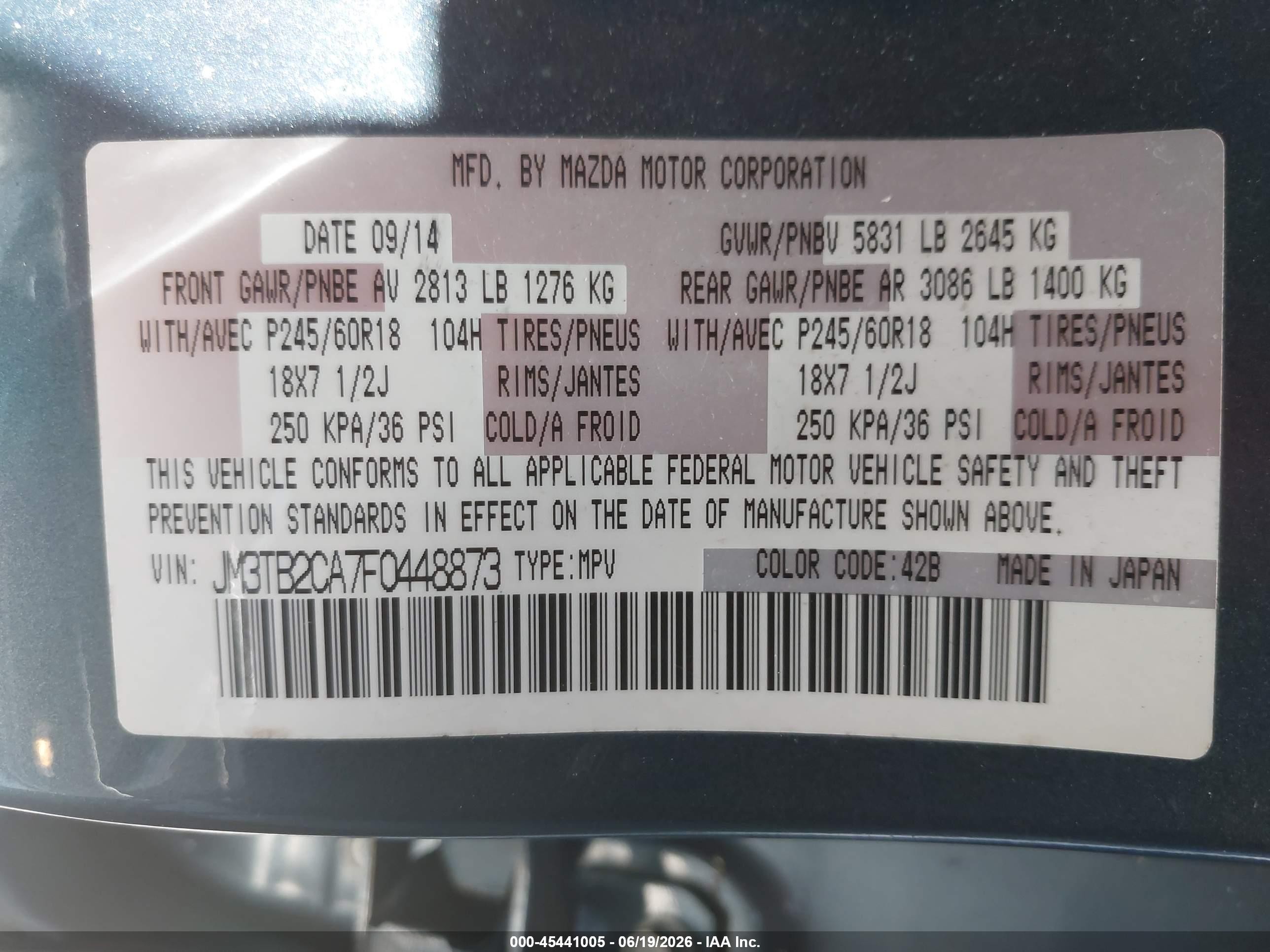 2015 Mazda Cx-9 Touring Blue vin: JM3TB2CA7F0448873