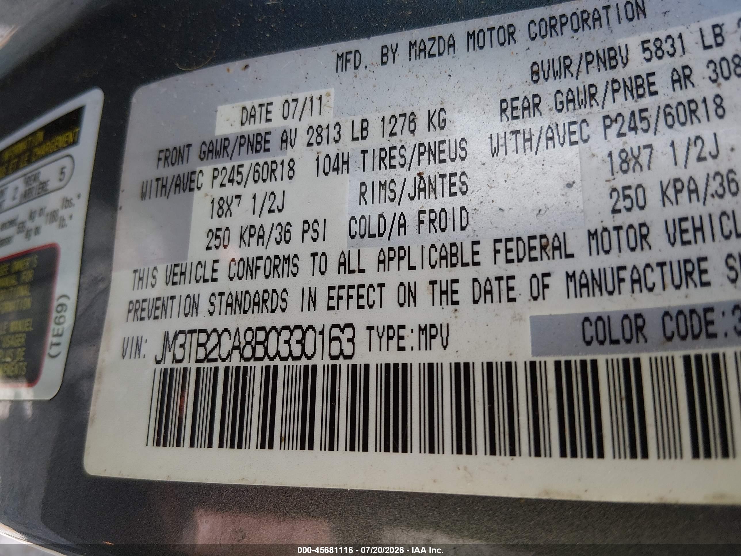 2011 Mazda Cx-9 Touring Blue vin: JM3TB2CA8B0330163