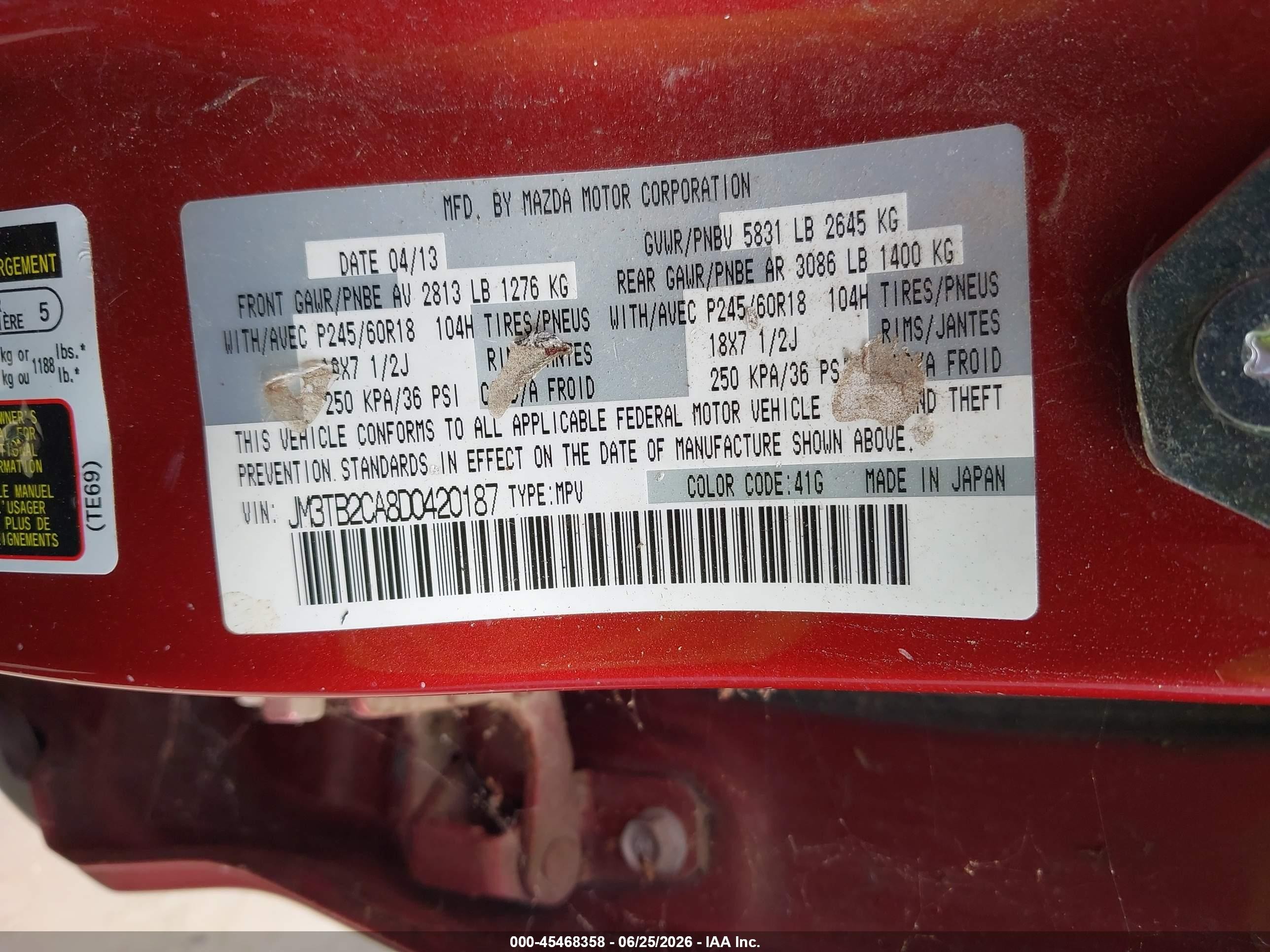 2013 Mazda Cx-9 Touring Red vin: JM3TB2CA8D0420187