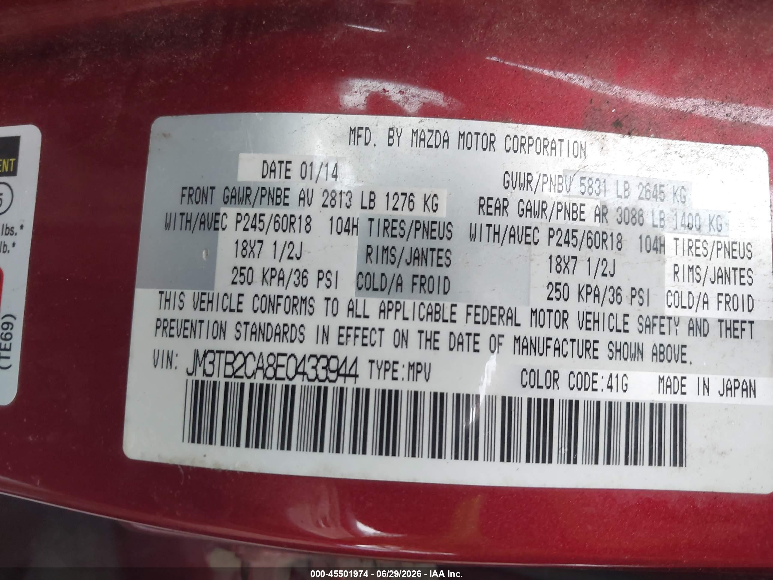 2014 Mazda Cx-9 Touring Maroon vin: JM3TB2CA8E0433944