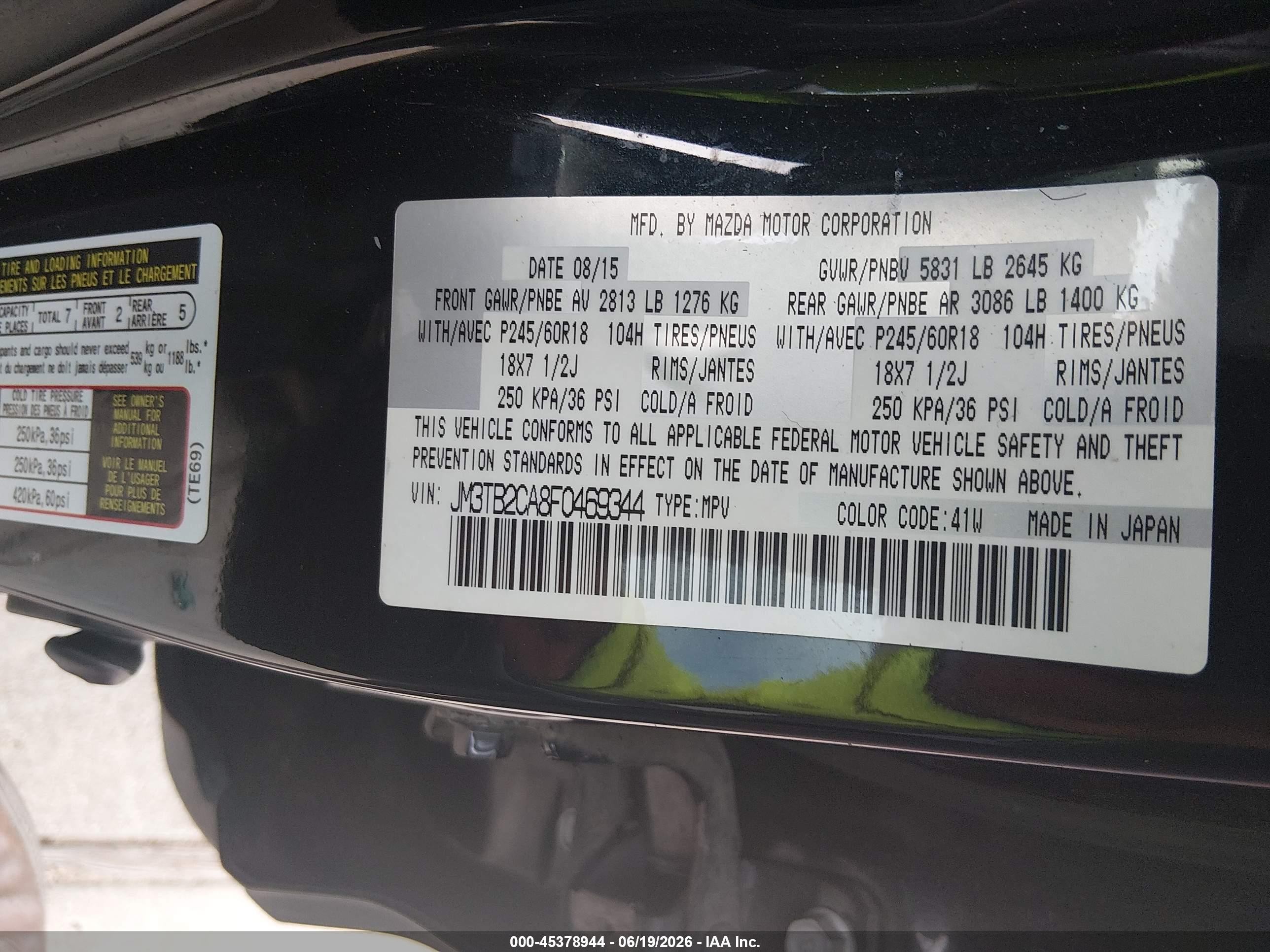 2015 Mazda Cx-9 Touring Black vin: JM3TB2CA8F0469344