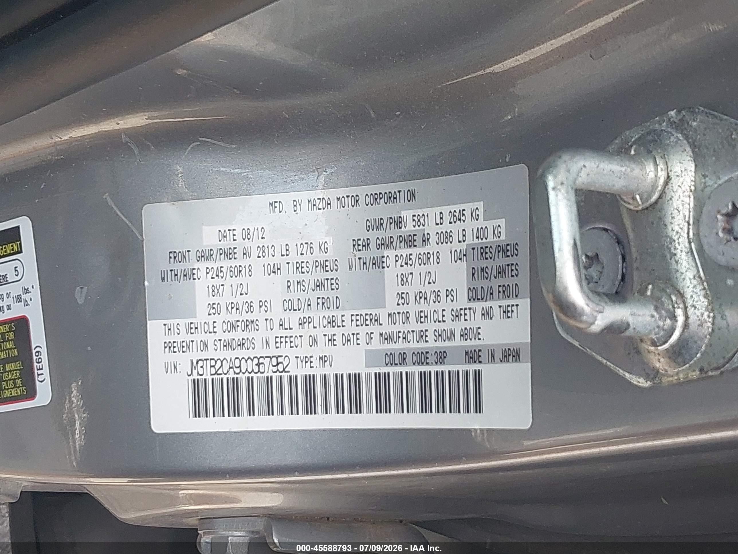 2012 Mazda Cx-9 Touring Gray vin: JM3TB2CA9C0367952