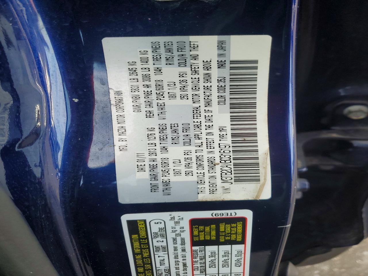 2011 Mazda Cx-9 Blue vin: JM3TB2CAXB0316197