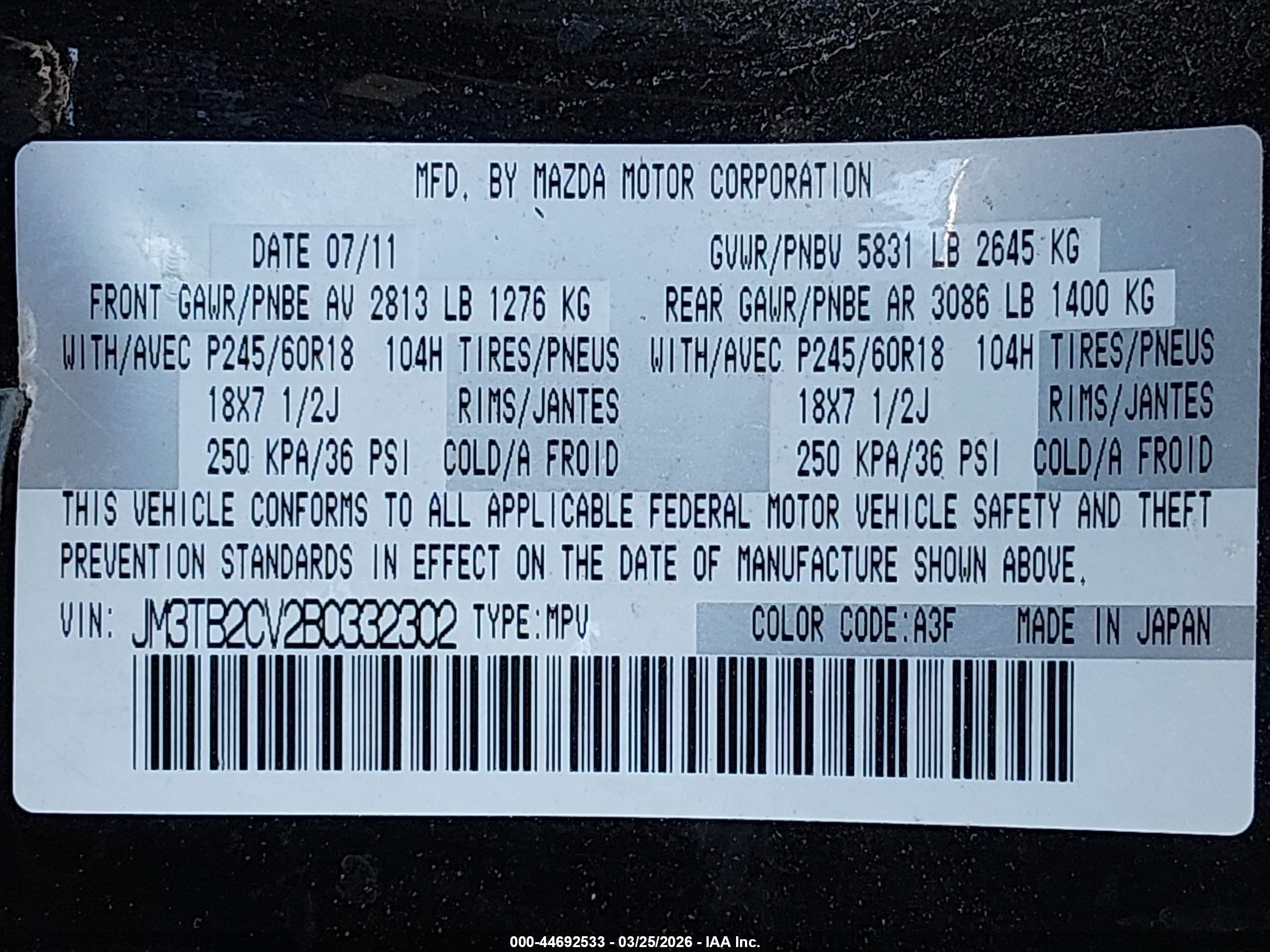 2011 Mazda Cx-9 Touring Black vin: JM3TB2CV2B0332302