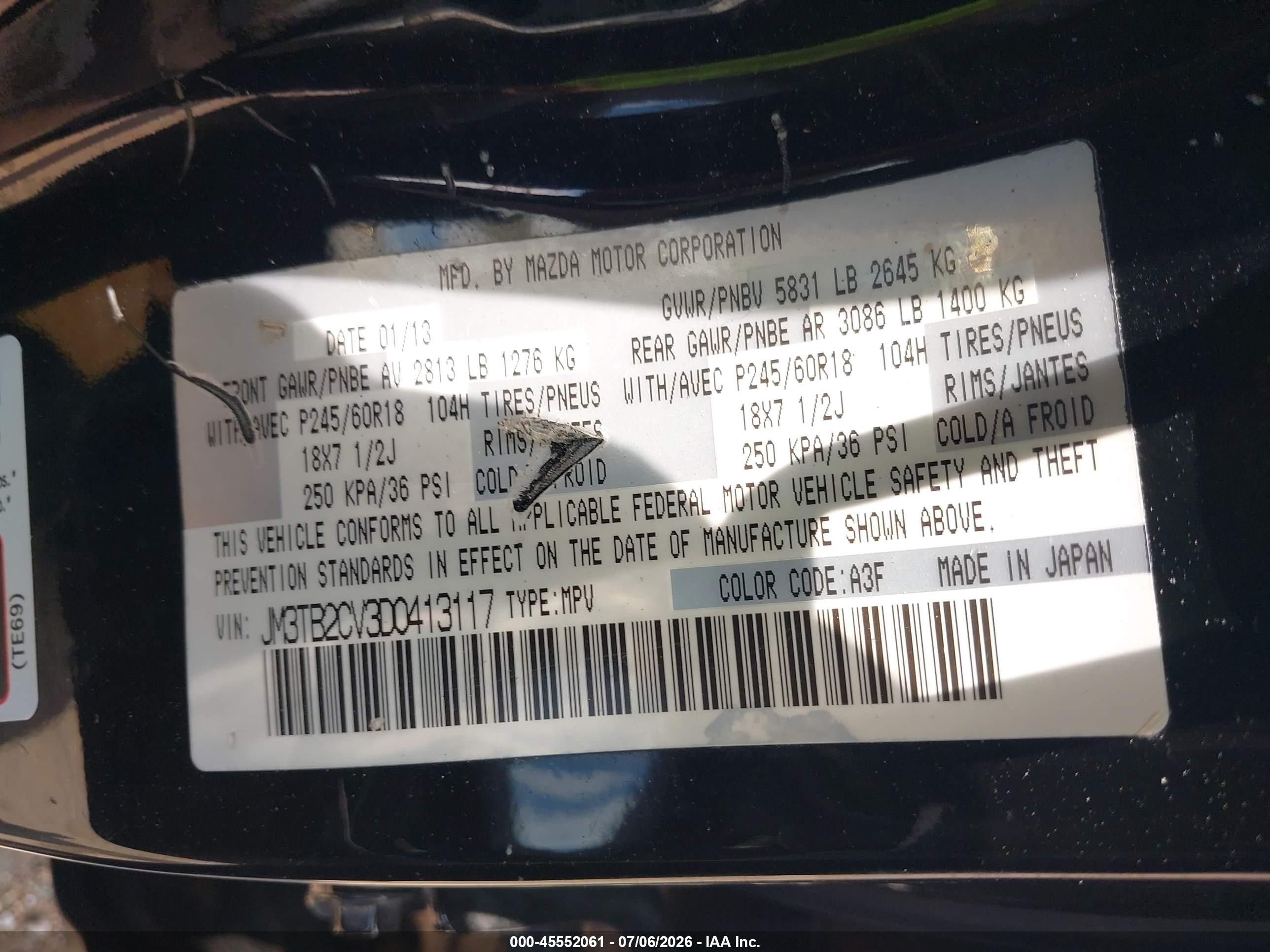 2013 Mazda Cx-9 Touring Black vin: JM3TB2CV3D0413117