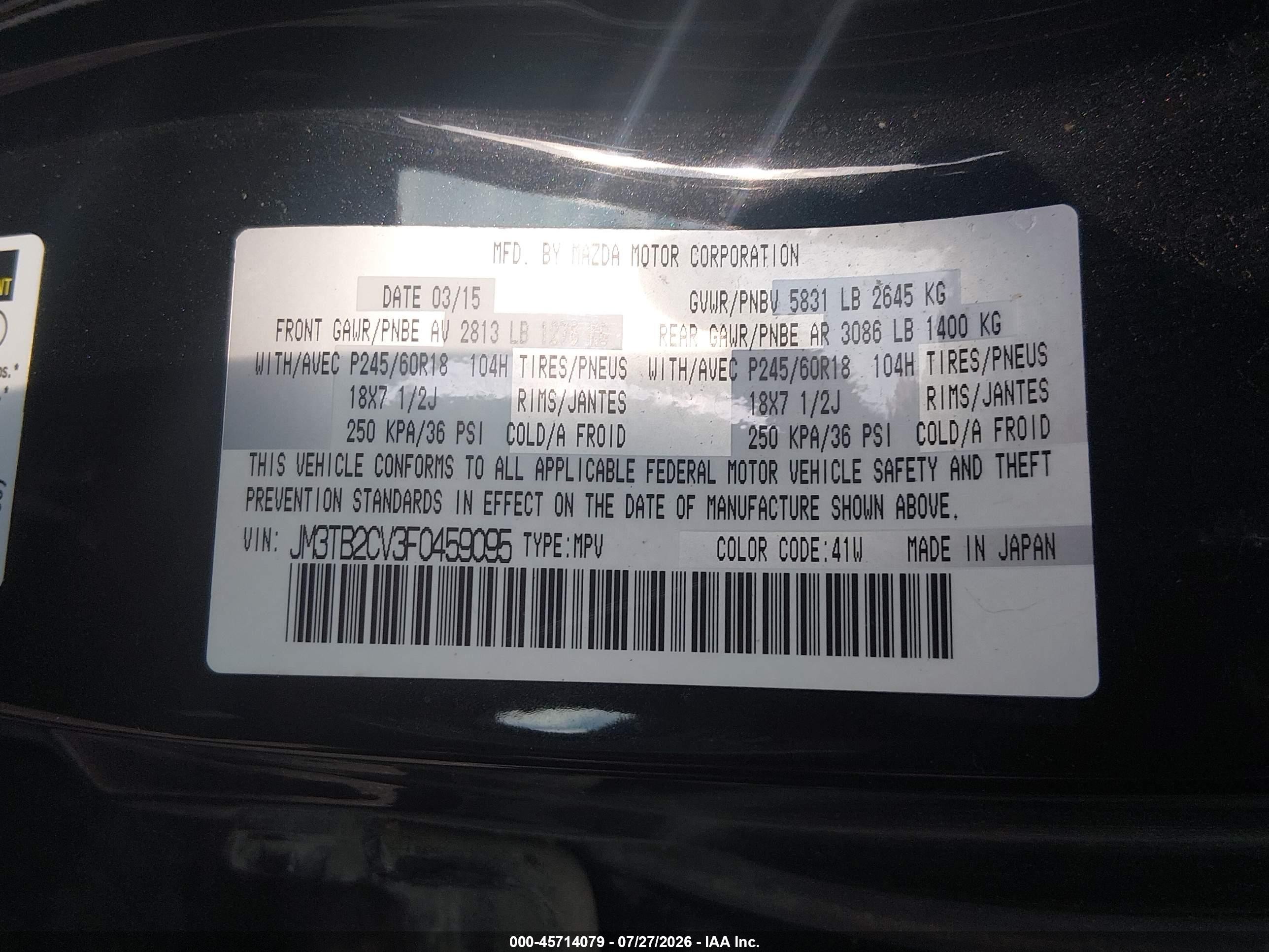 2015 Mazda Cx-9 Touring Black vin: JM3TB2CV3F0459095