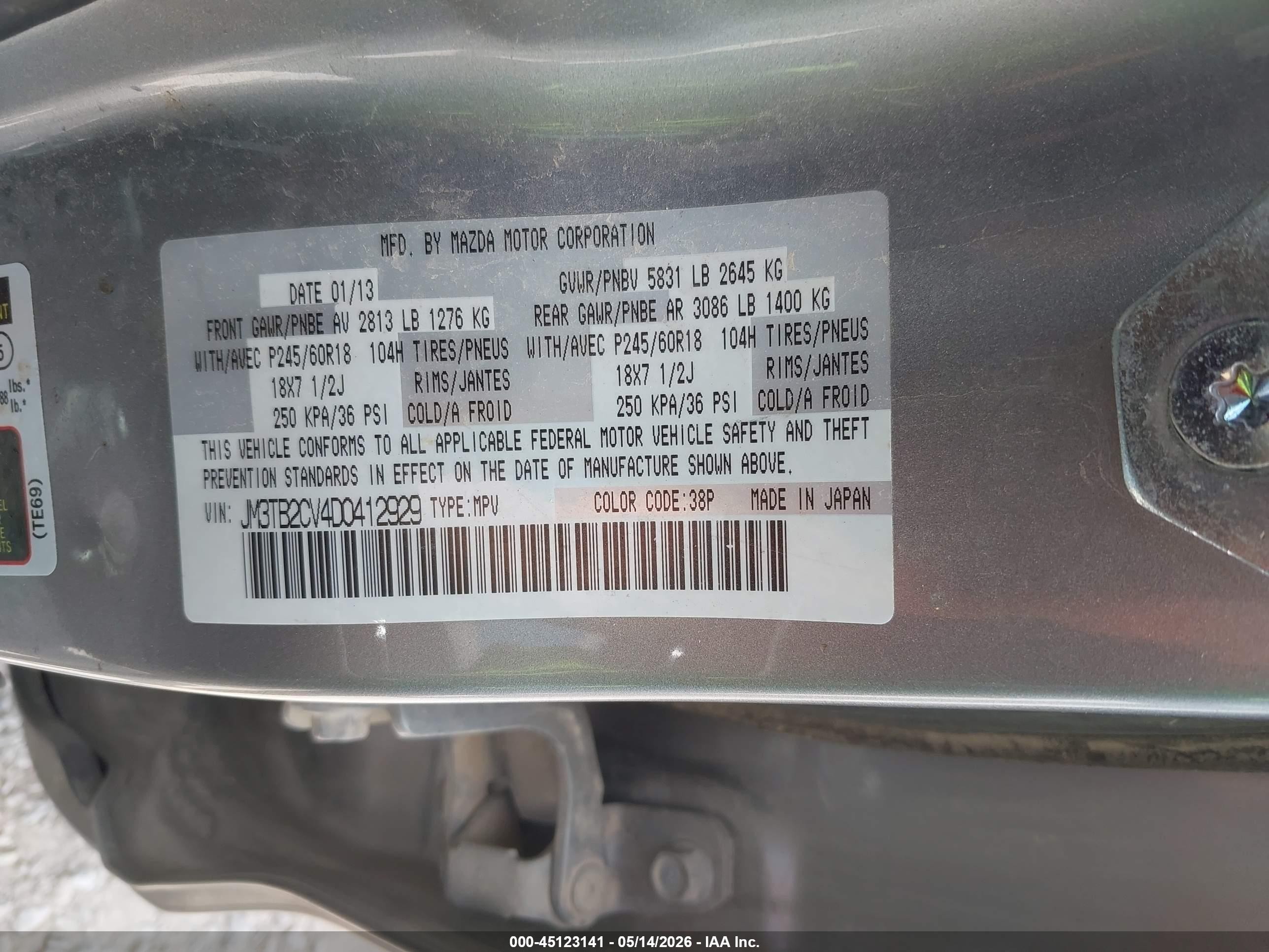 2013 Mazda Cx-9 Touring Silver vin: JM3TB2CV4D0412929
