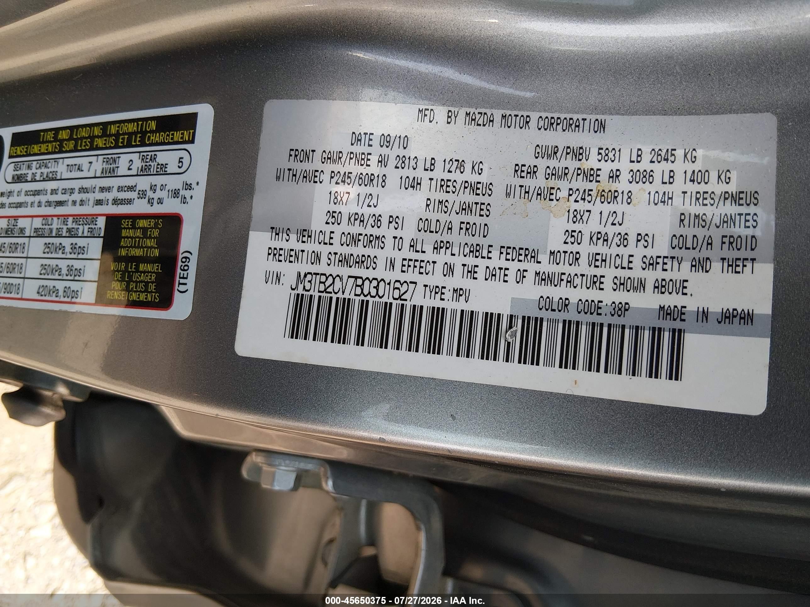 2011 Mazda Cx-9 Touring Gray vin: JM3TB2CV7B0301627