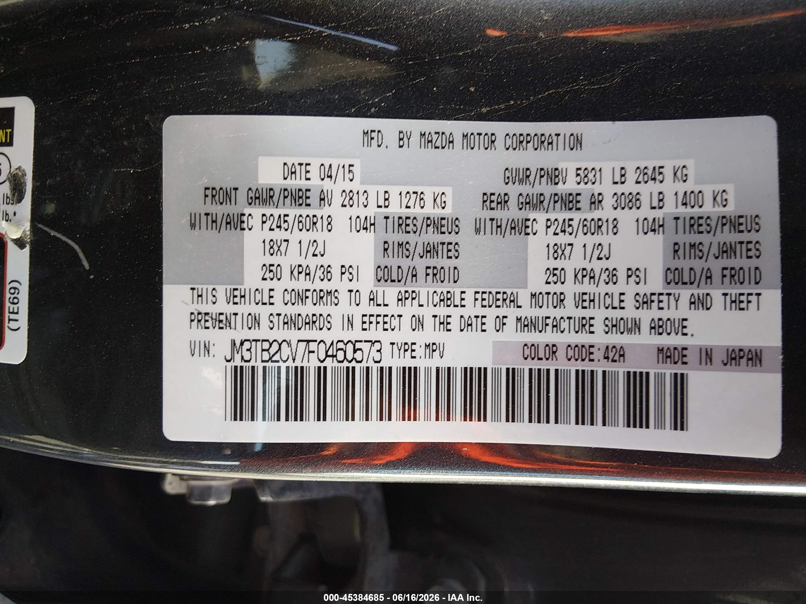 2015 Mazda Cx-9 Touring Серый vin: JM3TB2CV7F0460573