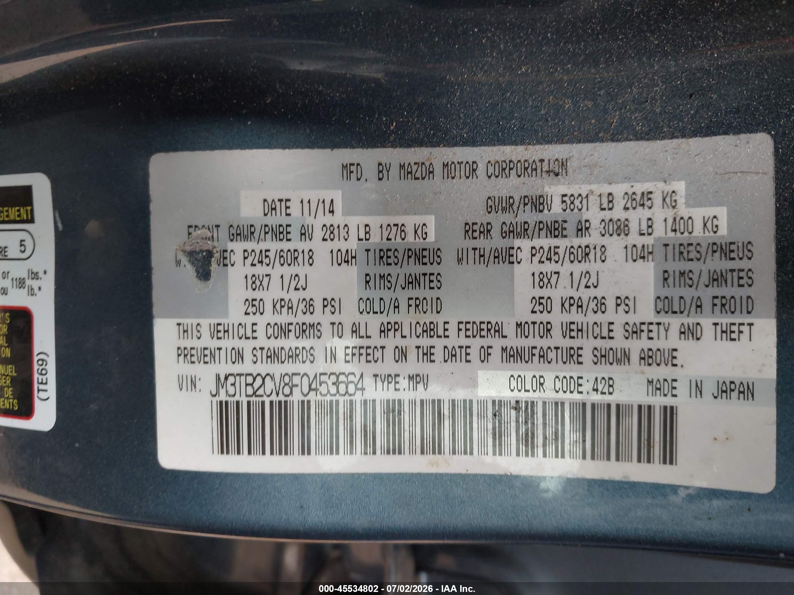 2015 Mazda Cx-9 Touring Blue vin: JM3TB2CV8F0453664