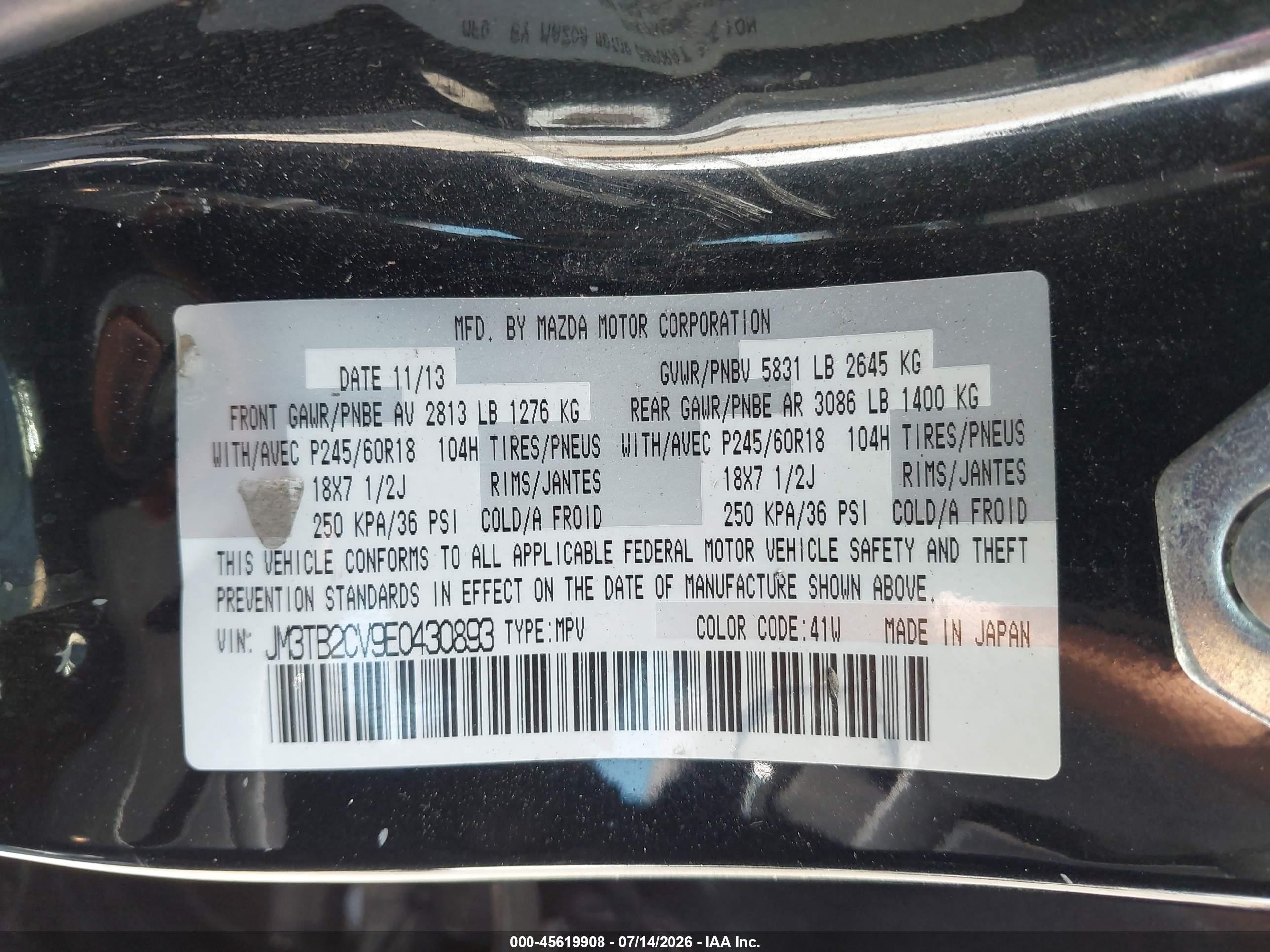 2014 Mazda Cx-9 Touring Black vin: JM3TB2CV9E0430893