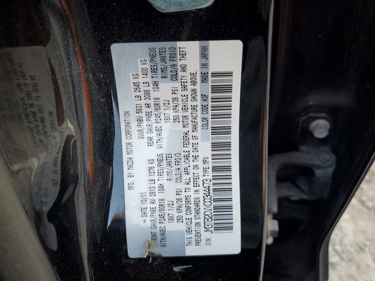 2012 Mazda Cx-9 Black vin: JM3TB2CVXC0344473