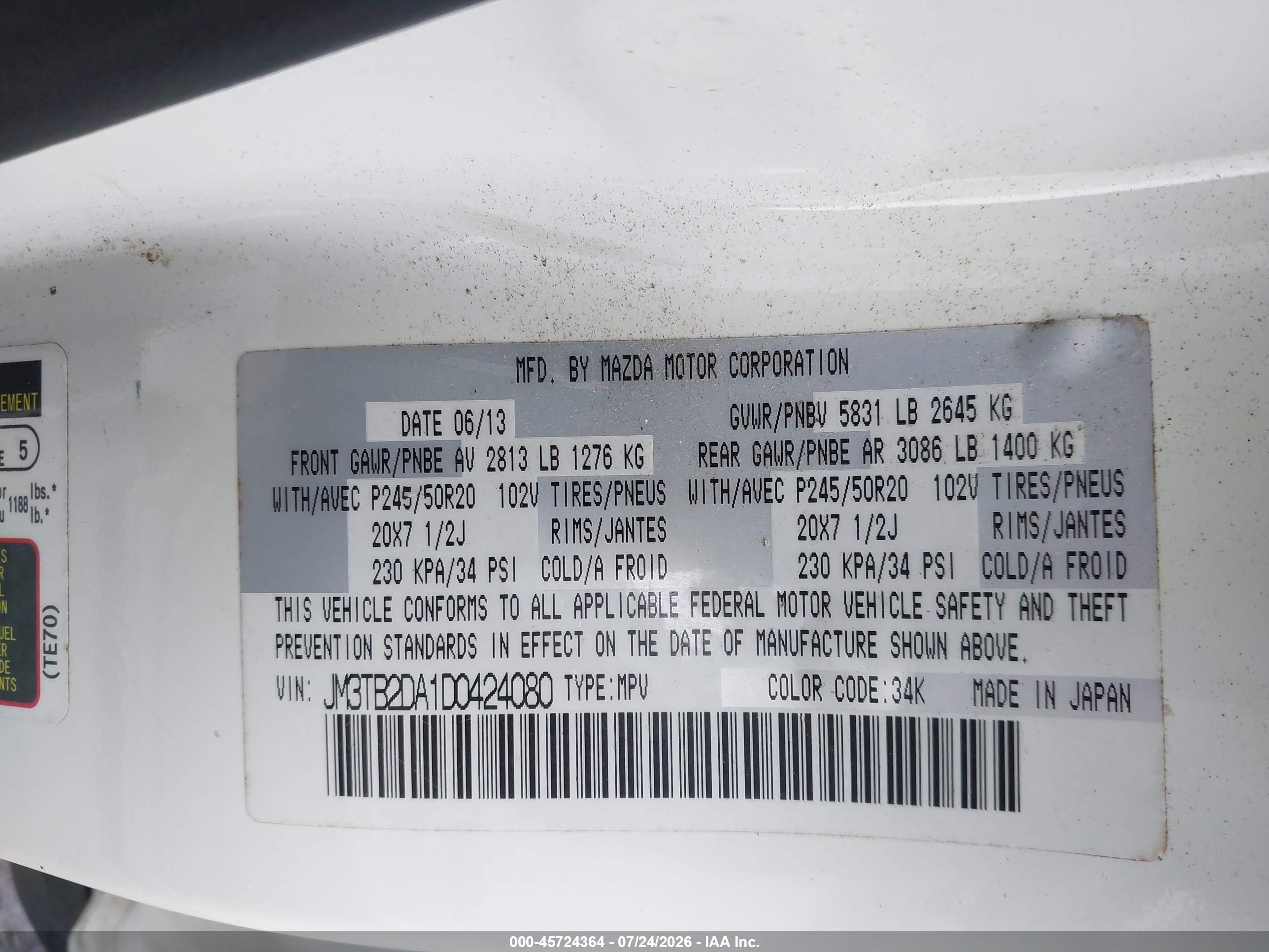 2013 Mazda Cx-9 Grand Touring White vin: JM3TB2DA1D0424080