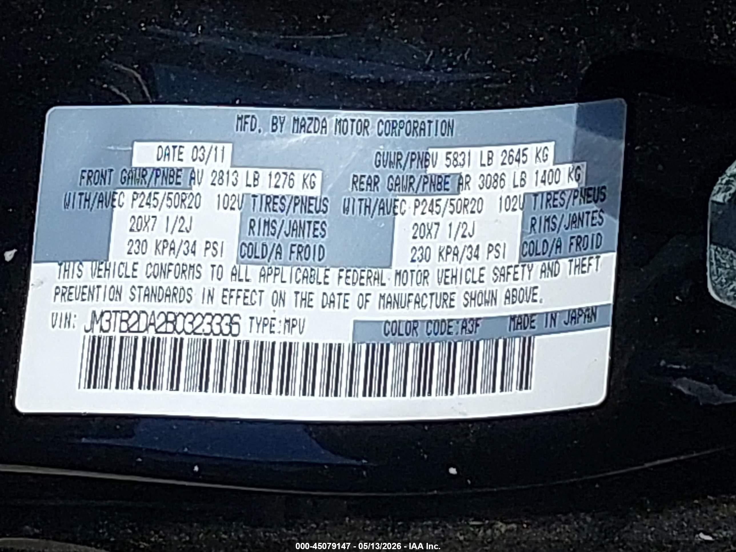 2011 Mazda Cx-9 Grand Touring Black vin: JM3TB2DA2B0323336