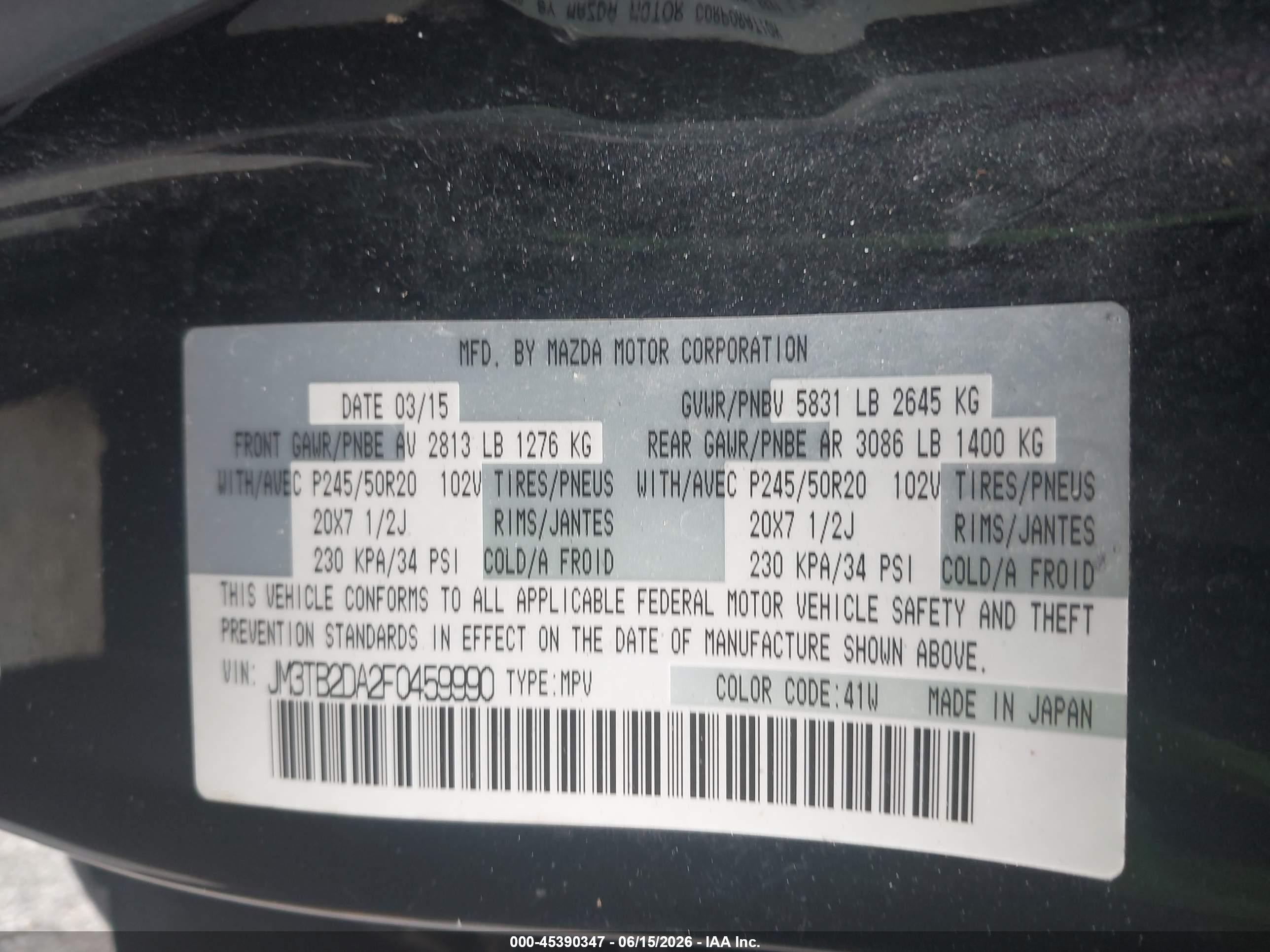 2015 Mazda Cx-9 Grand Touring Black vin: JM3TB2DA2F0459990