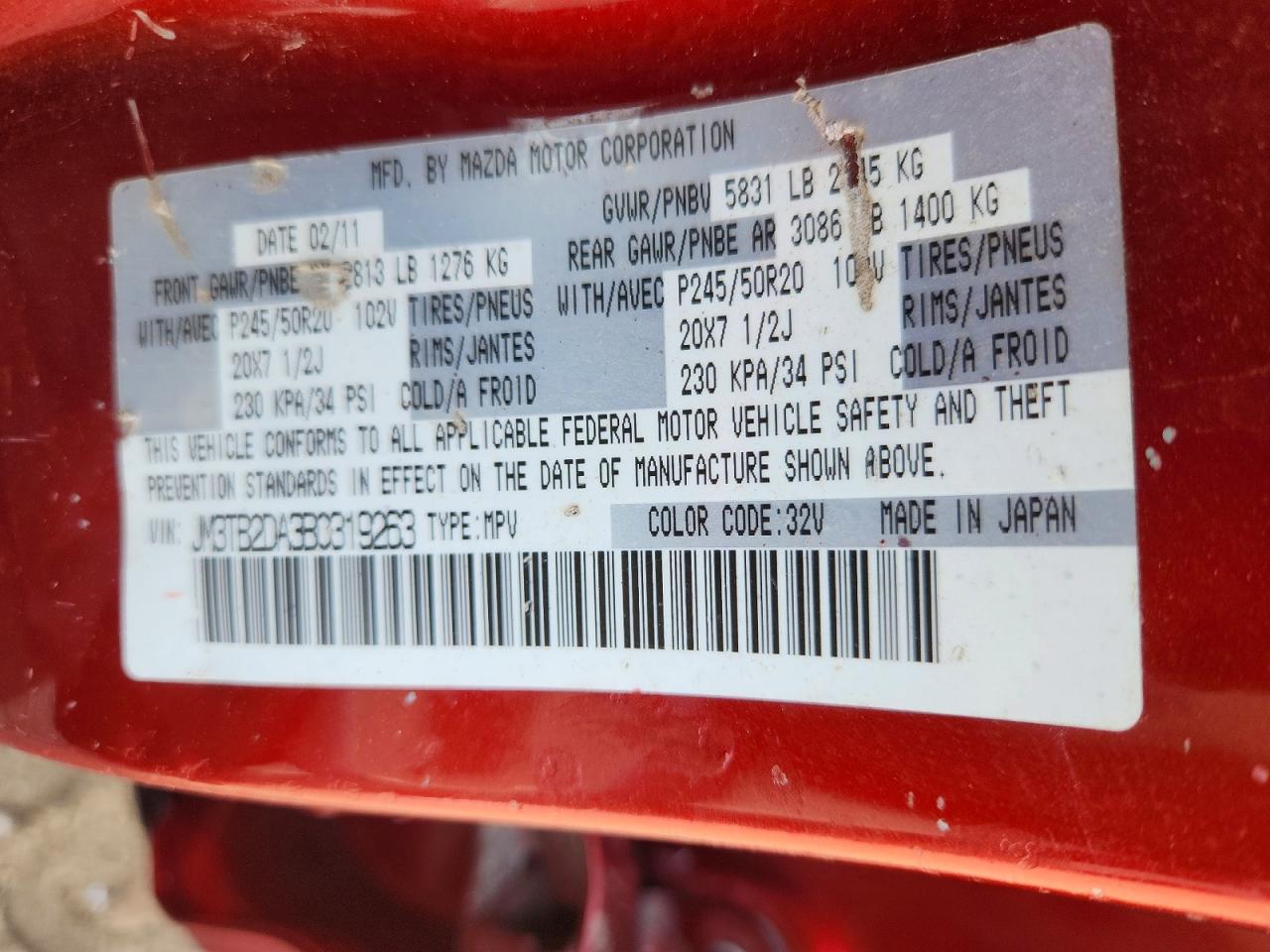 2011 Mazda Cx-9 Red vin: JM3TB2DA3B0319263