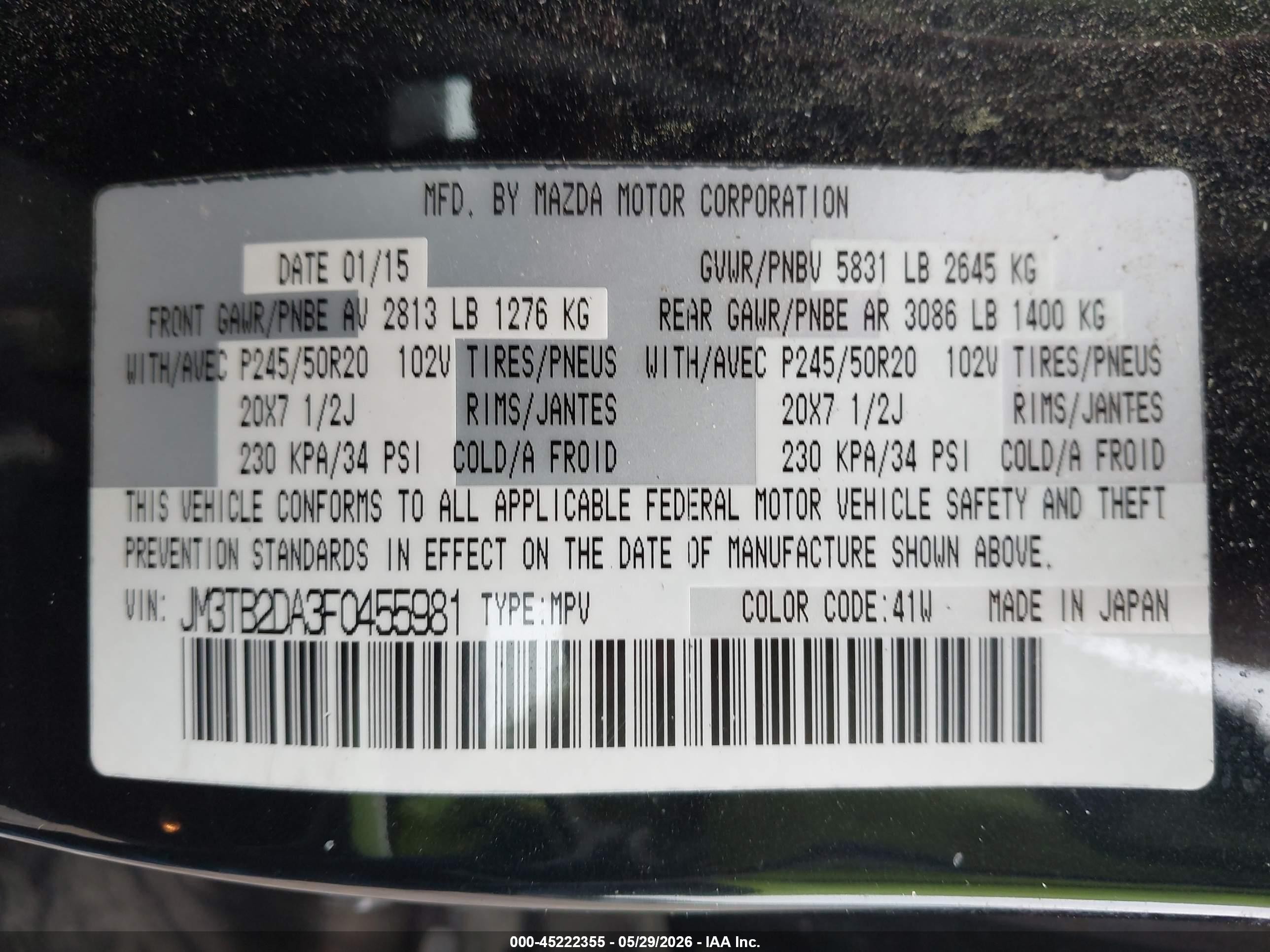 2015 Mazda Cx-9 Grand Touring Black vin: JM3TB2DA3F0455981